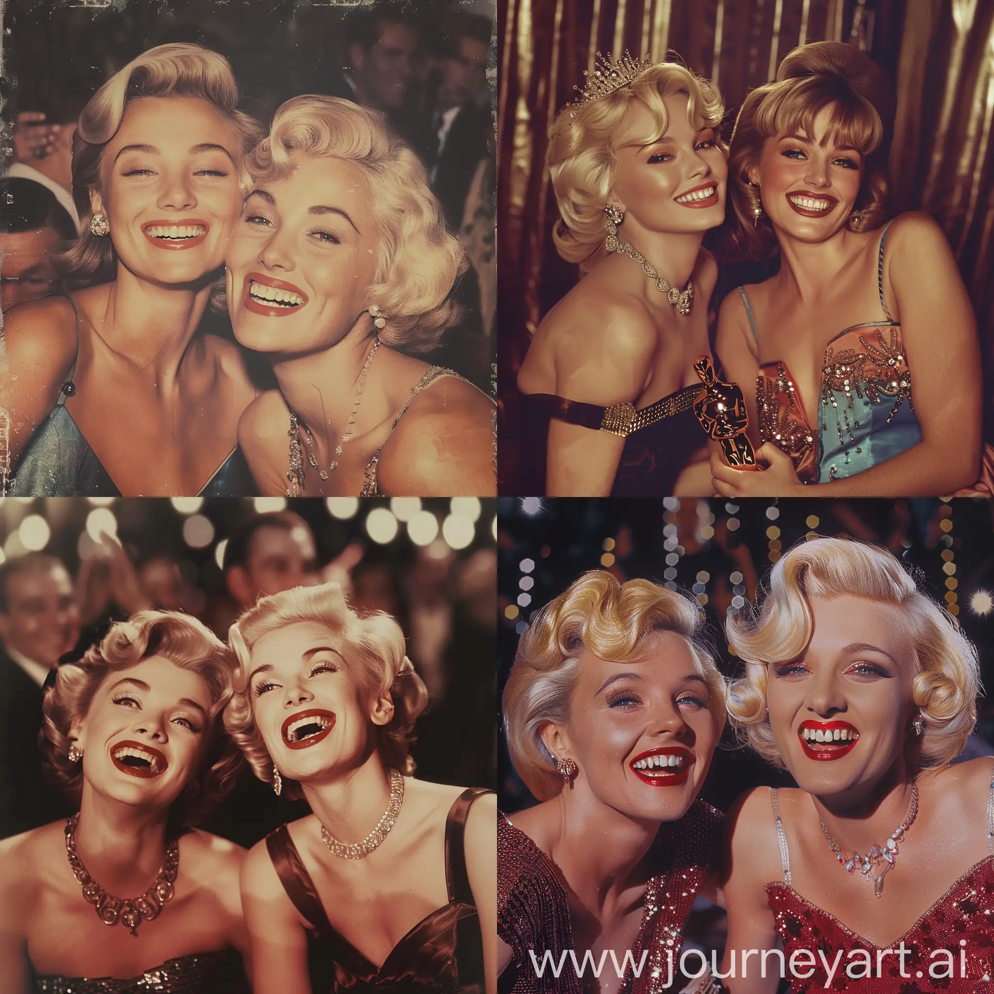 Marilyn Monroe and Sharon Tate at the Oscars in the 60s, real, realistic, photorealistic, detailed, 60s look, 60s style, 60s hair and clothes, retro, indie, vintage, classic, old, photography, Oscar background , Oscar, Product Photography, luxury, glamour, chic, hystoric, smile, teeths