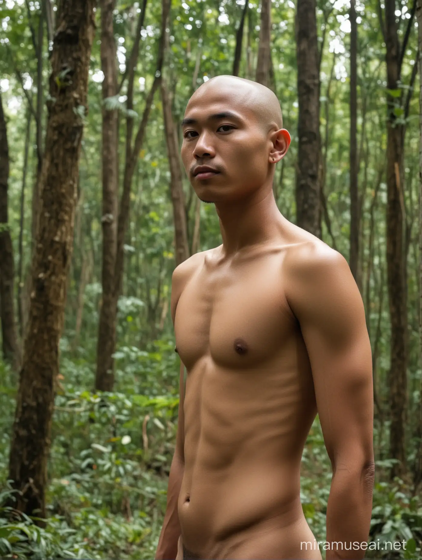 an indonesian young man, bald head, naked, vens, in the forest