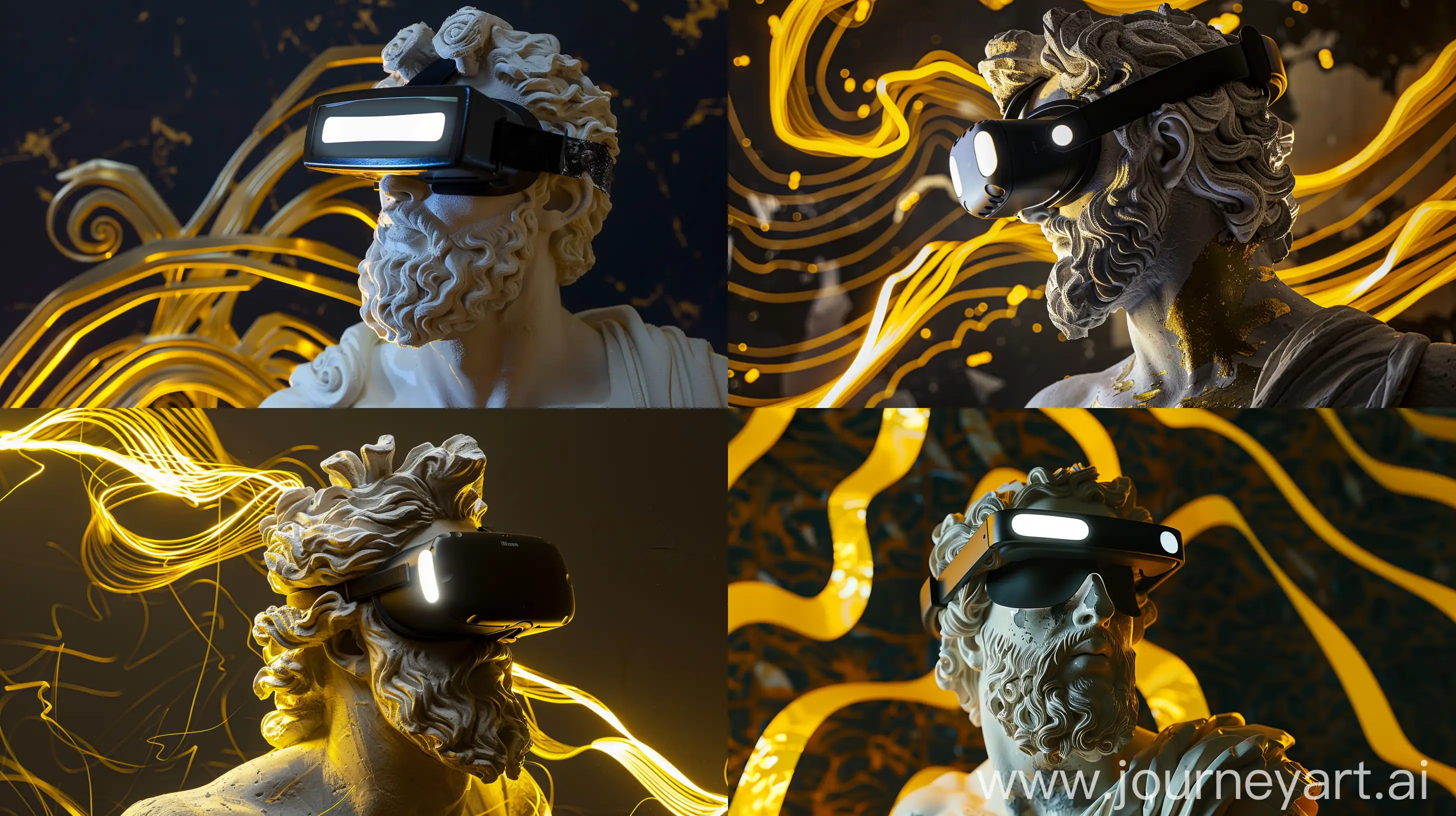 A Plaster Sculpture of Zeus, Black VR Glasses With White LED, Yellow Light Reflections on Sculpture, Gold Abstract Wave Pattern in Dark Background, Dreamy Pose, Medium Shot, High Precision --v 6.0 --ar 16:9