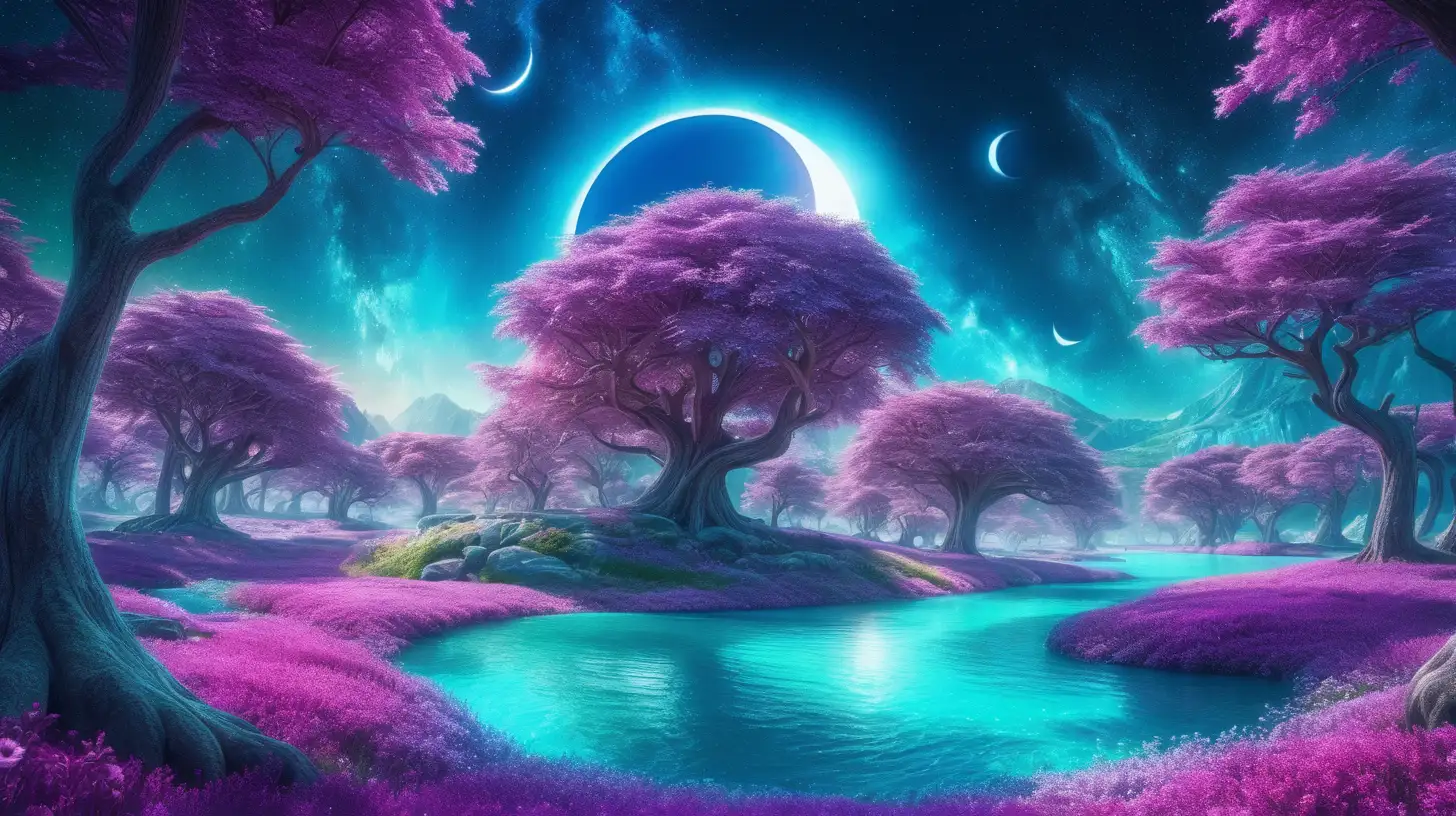 Solar eclipse in the sky. Forest of Bright royal-green and blue big, flower trees, purple, pink surrounded in turquoise-blue-river. Daylight, 8k, fairytale world glowing. Magical, fantasy and potions