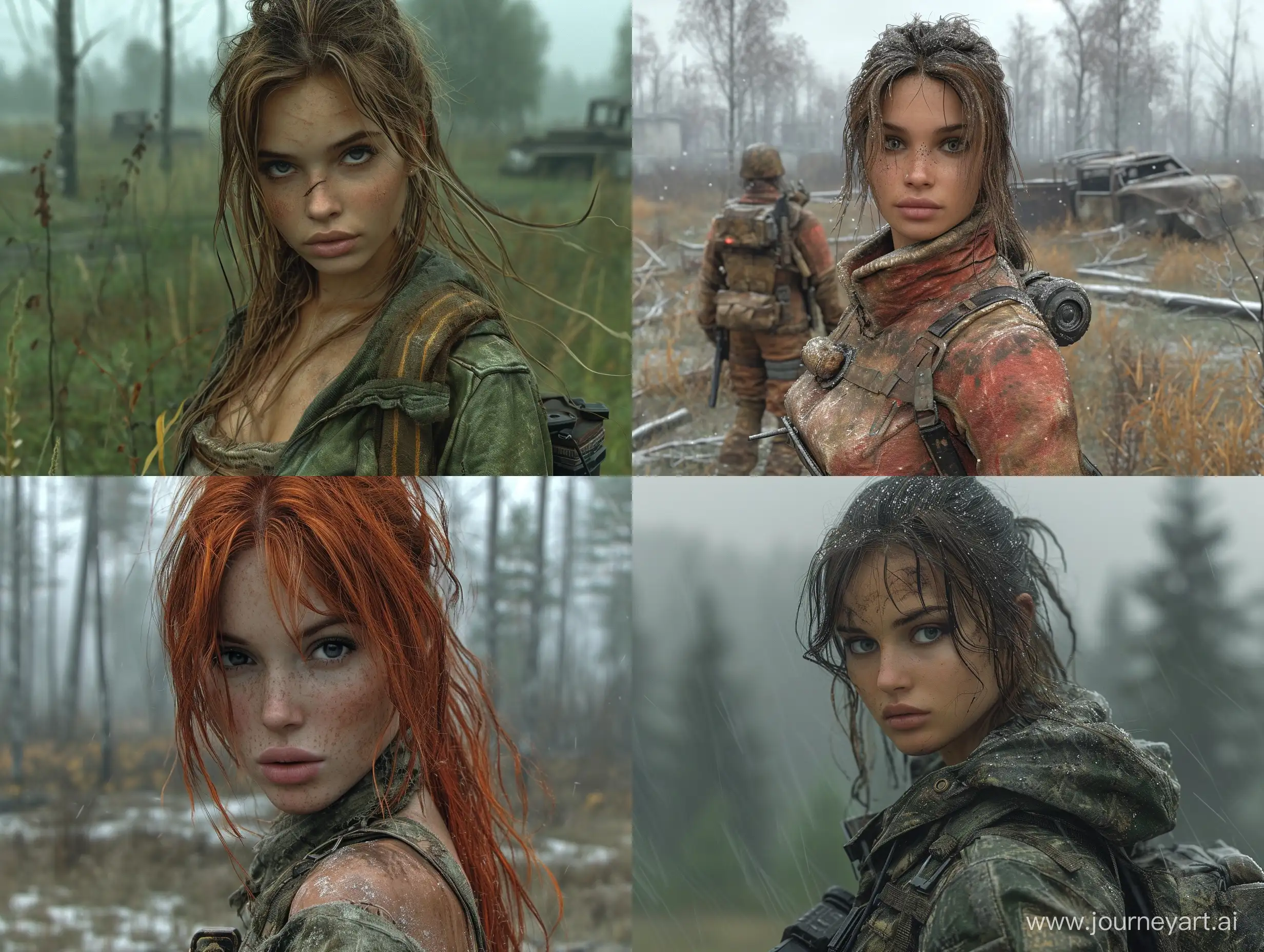Beautiful female mercenary in videogame S.T.A.L.K.E.R dead city dead trees --s 800 --style raw --v 6