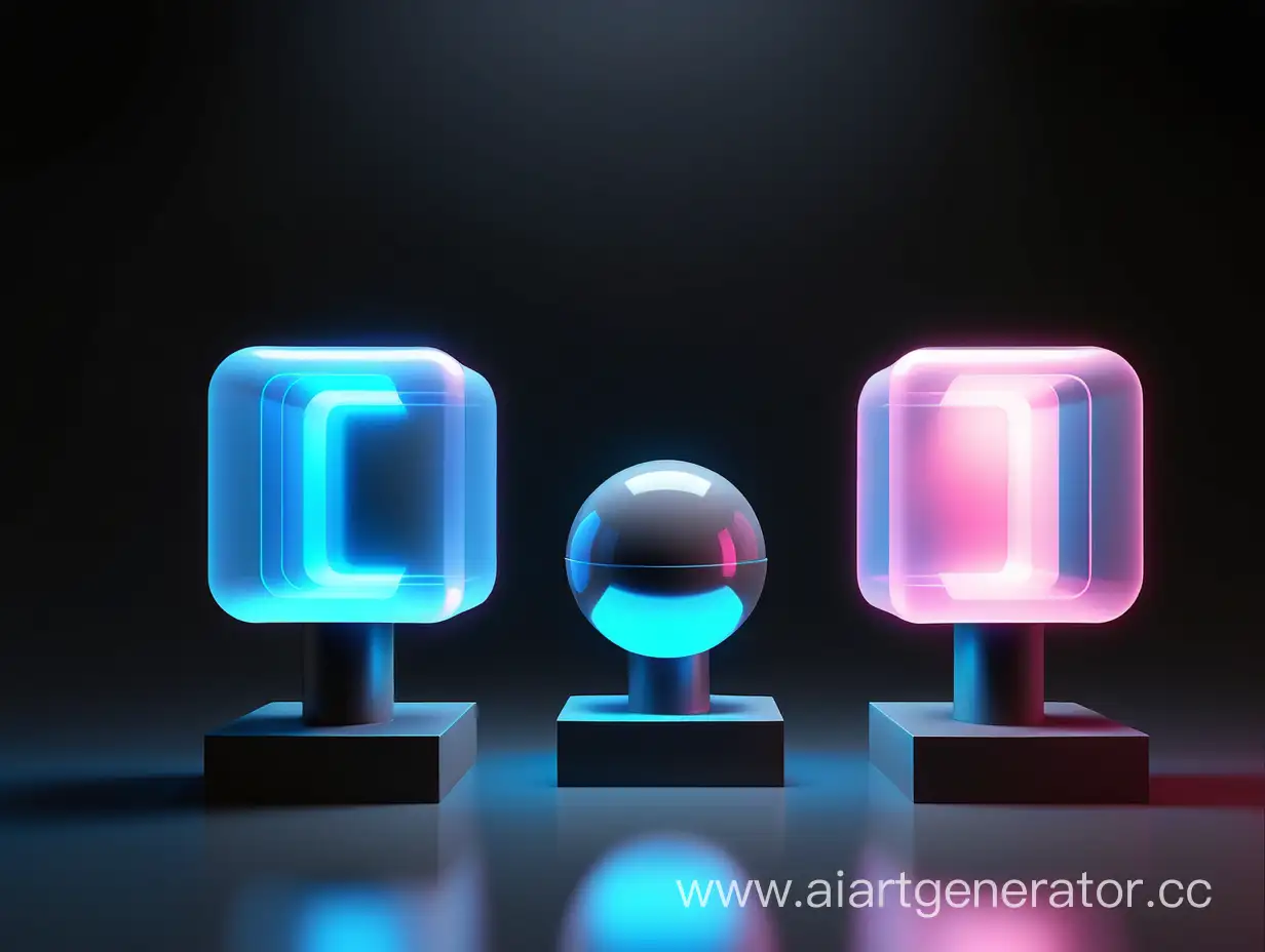 Futuristic-Composition-Blue-Cube-Gray-Capsule-and-Pink-Sphere-in-Glowing-Black-Space