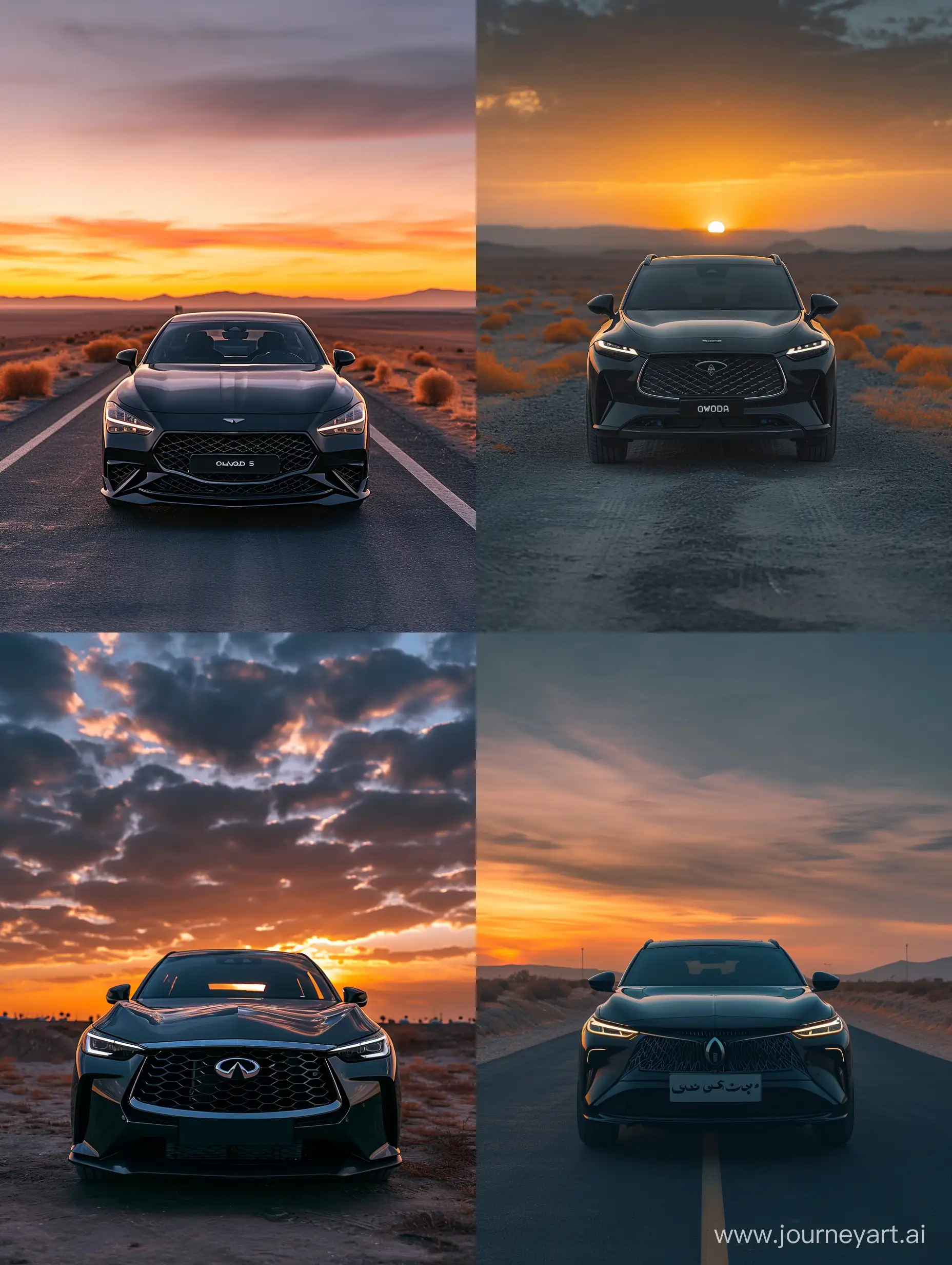 front view of a black chery Model omoda 5 posing at iran, sunrise, 8K, indicrate details, photography