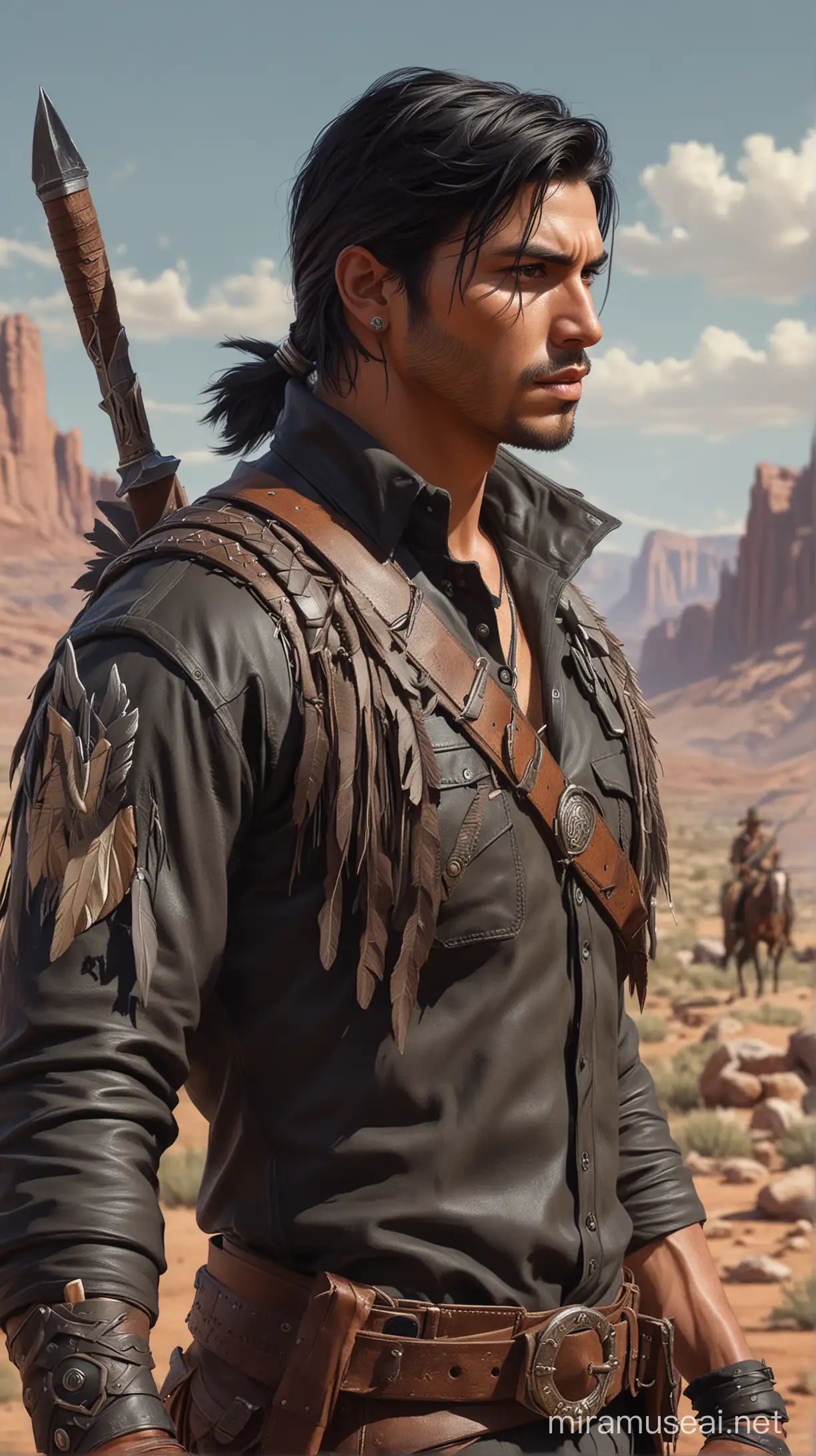 native american, good looking, handsome, rugged, male, dark short military black hair, stylish, enemies in background, wild west, highly detailed, digital painting, artstation, sharp focus, fantasy art, character art, illustration, 8k, art by artgerm and greg rutkowski, holding throwing knives, wolves in background