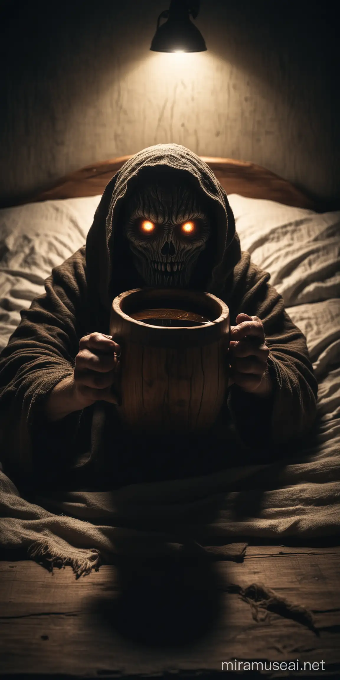 grim glowing monster eyes under the bed in a dark room, his hands holds out a wooden mug of mead