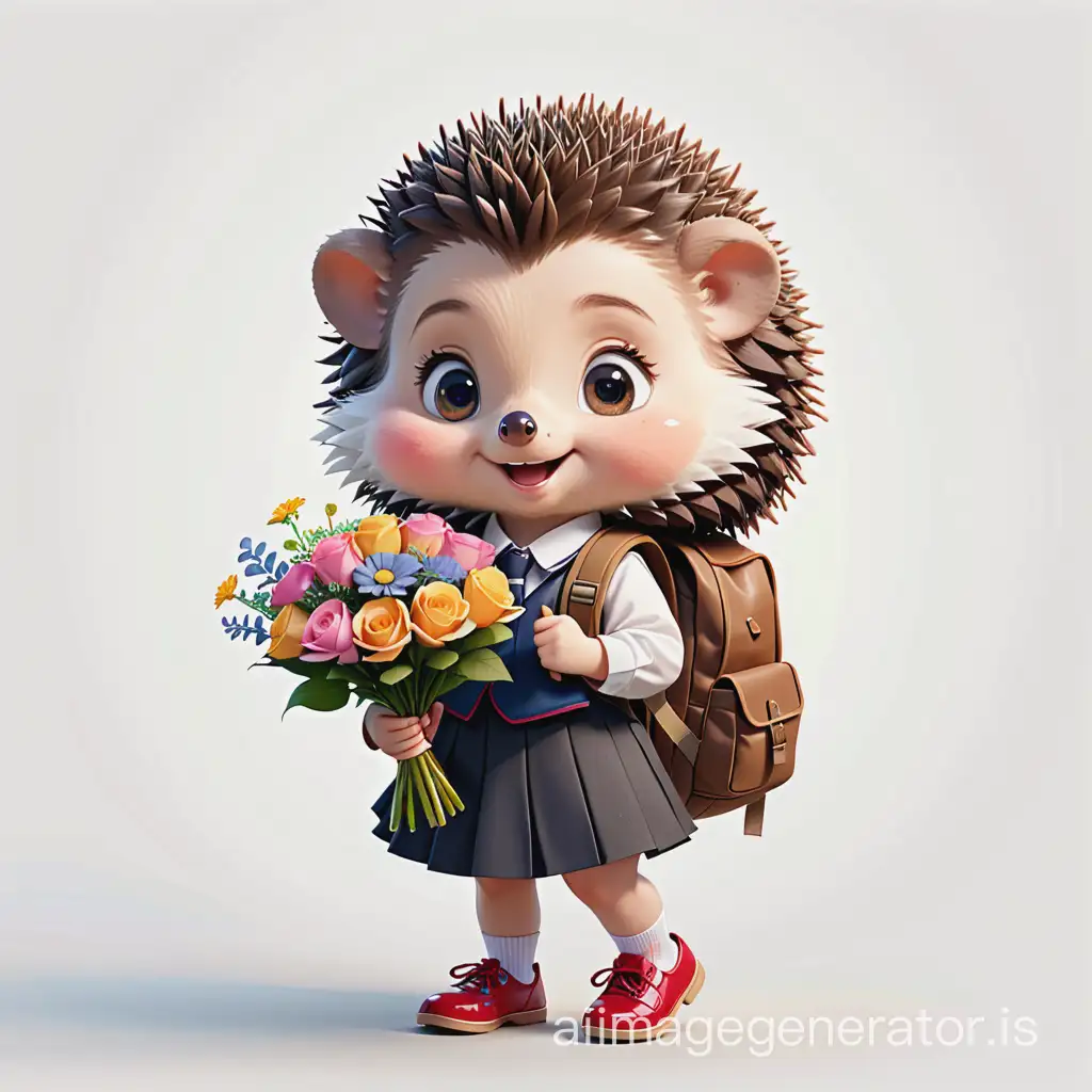 маленький симпатичный ёжик девочка  в школьной форме, собирается в школу, за плечами ранец, в руках букет, по контуру на фоне цветы, белый фон