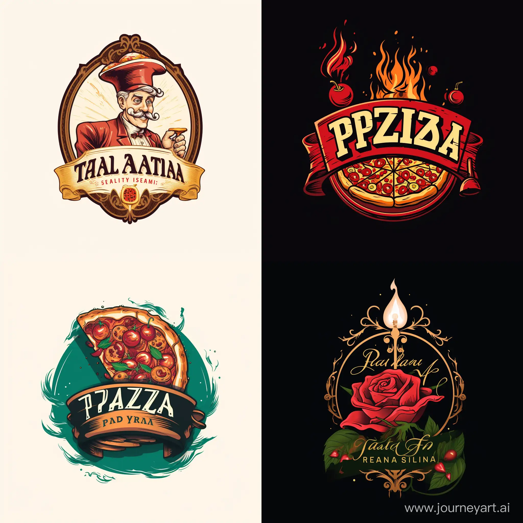 Logo for a restaurant, use the main object a piece of pizza