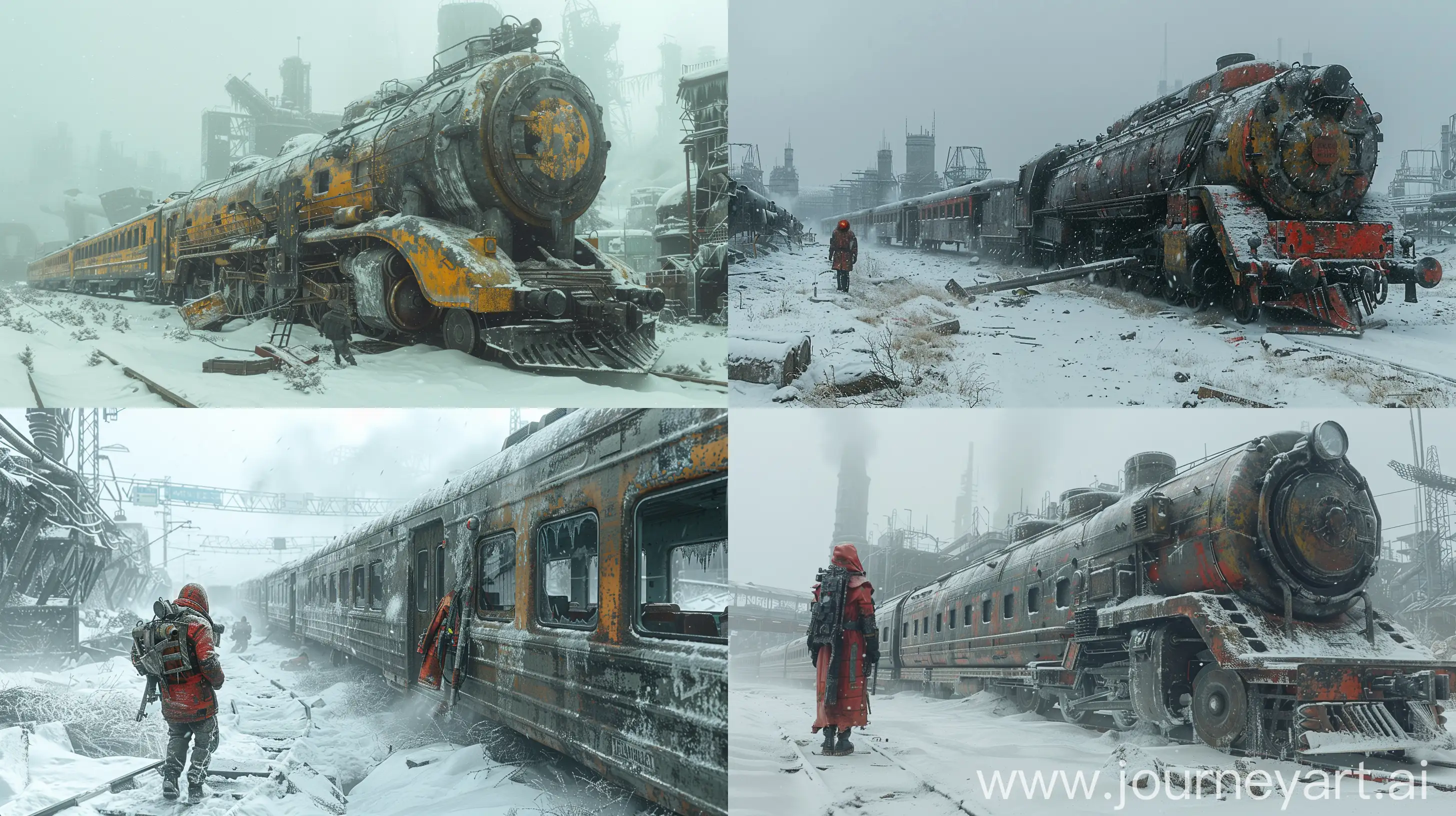metro exodus thumbnail, a mechanic is repairing the battle train, winter, cold, scary --ar 16:9 --stylize 750 --v 6