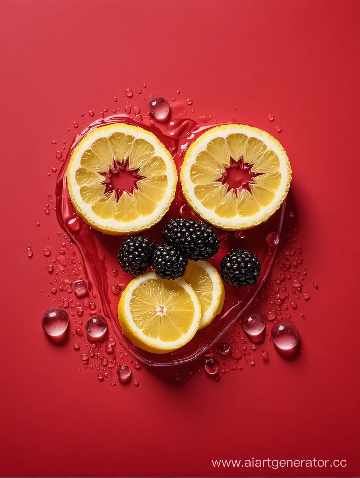 Boysenberry-and-Lemon-Slices-Water-Droplets-on-Vibrant-Red-Background