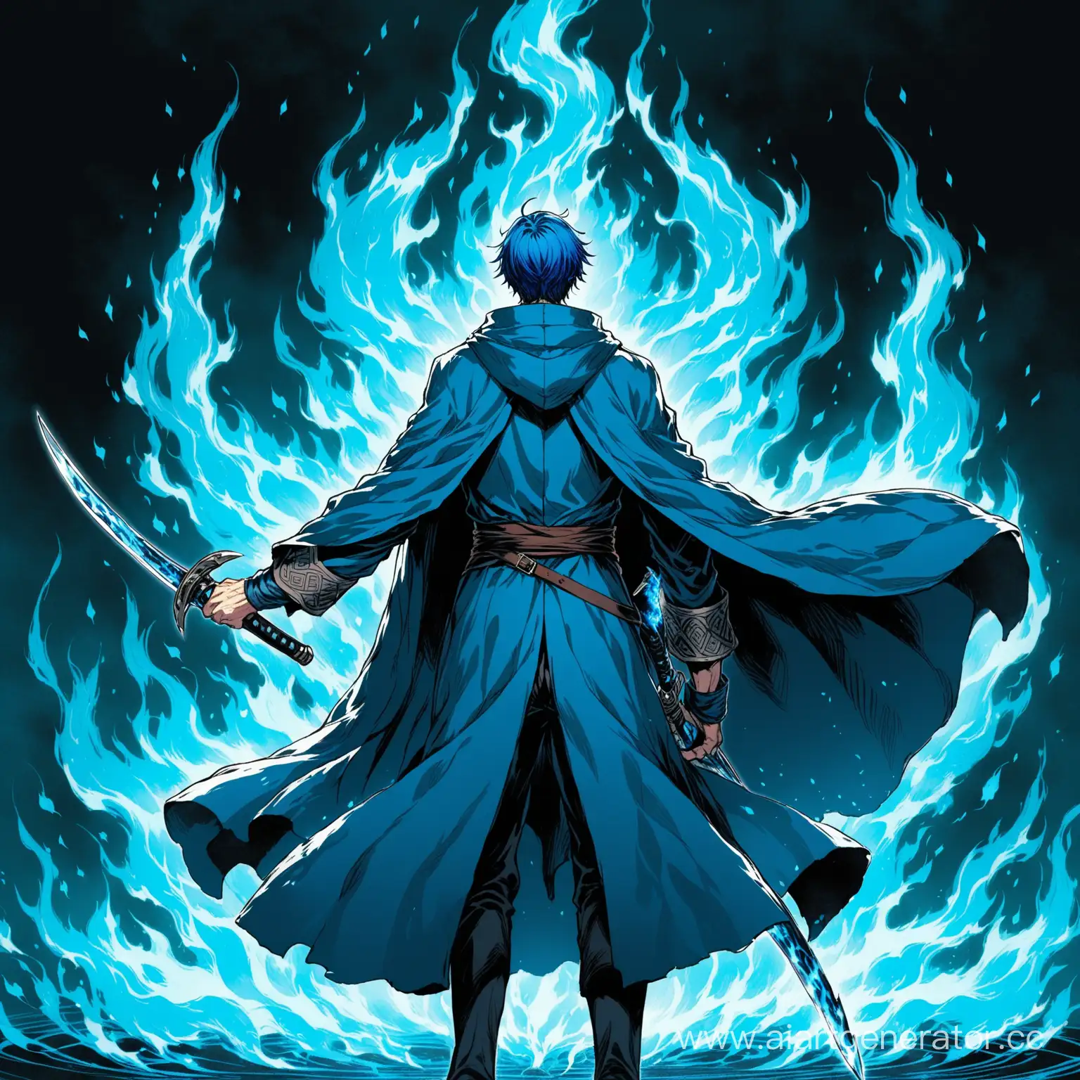 Мужчина с синими волосами одетый в синий плащ за спиной которого два клинка, персонаж также манипулирует синим огнем