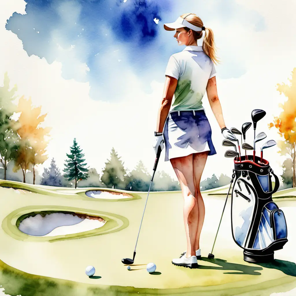 En golfspelerska  som ska putta ,golfbag med klubbor .bollar ,solig dag i vattenfärg 