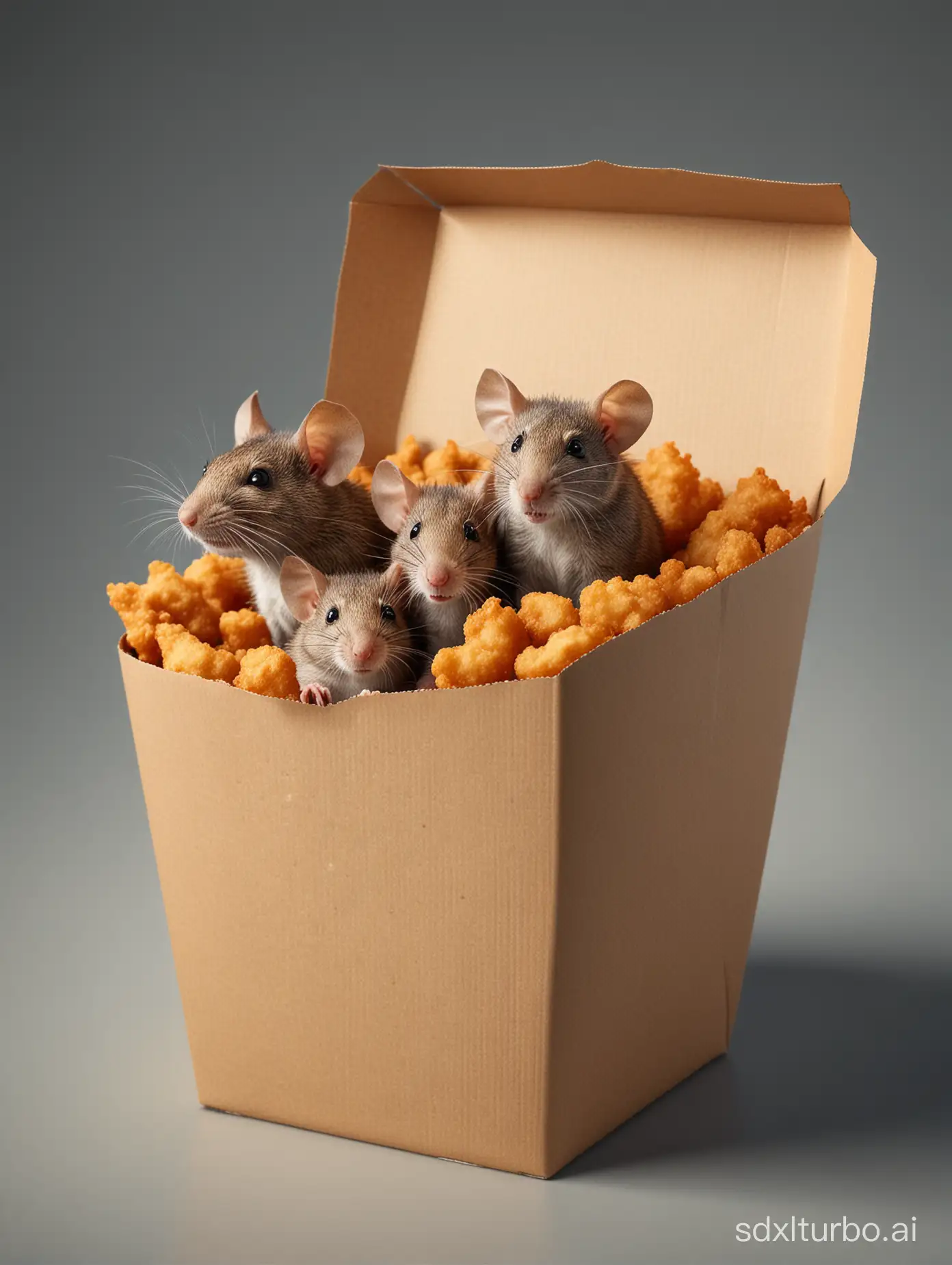Crispy Southern deep fried breaded rats  in a large cardboard takeout takeaway style fast food  bucket  A Realistic high resolution 64 bit photo quality rendering.