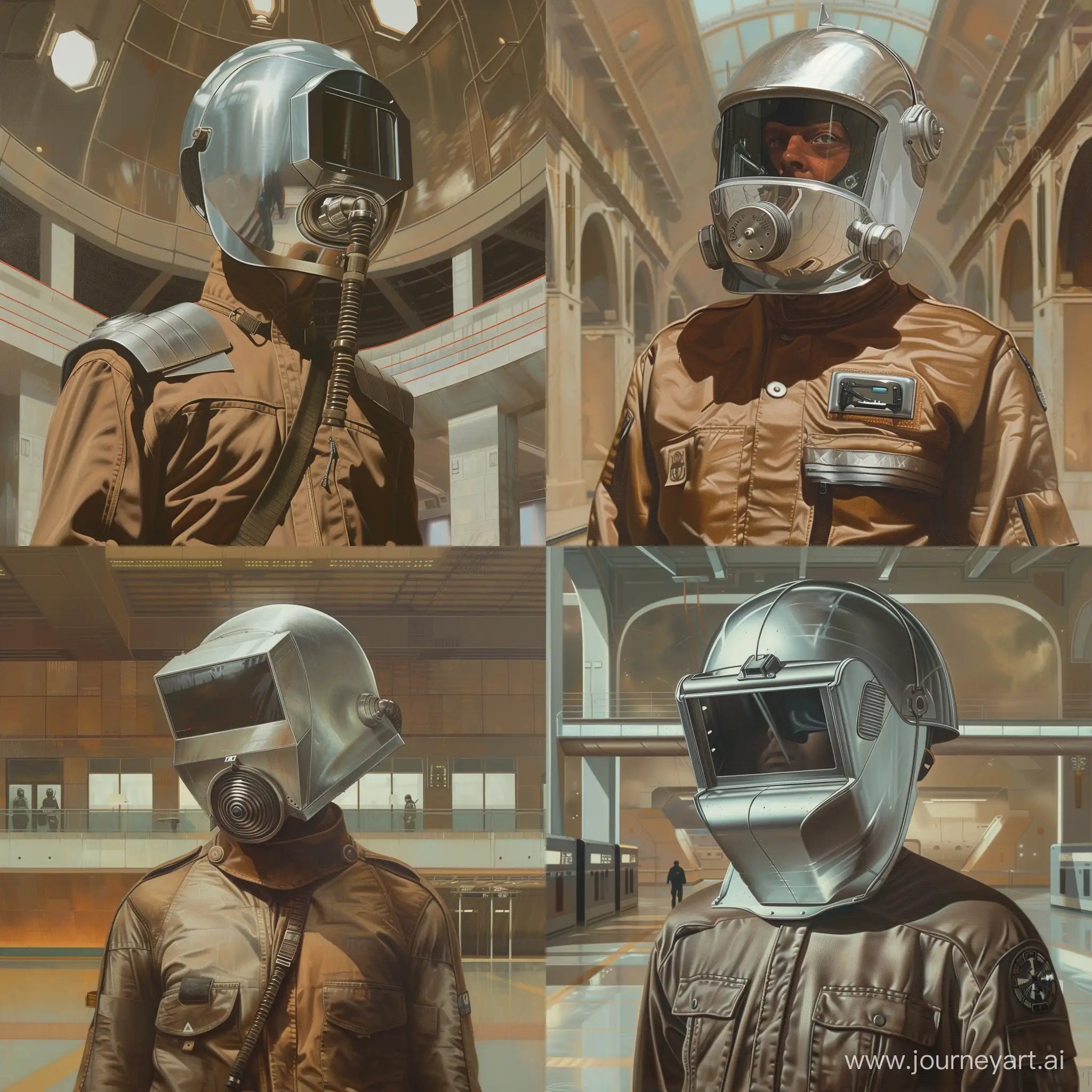 A tall man wearing a silver welding mask and a respirator, wearing a suit of silver sci-fi armor over a brown jumpsuit.
Futuristic, retro, militarism, Closed Face, Visor, Respirator.
Painted by Ralph McQuarrie
Space station hall in the background
