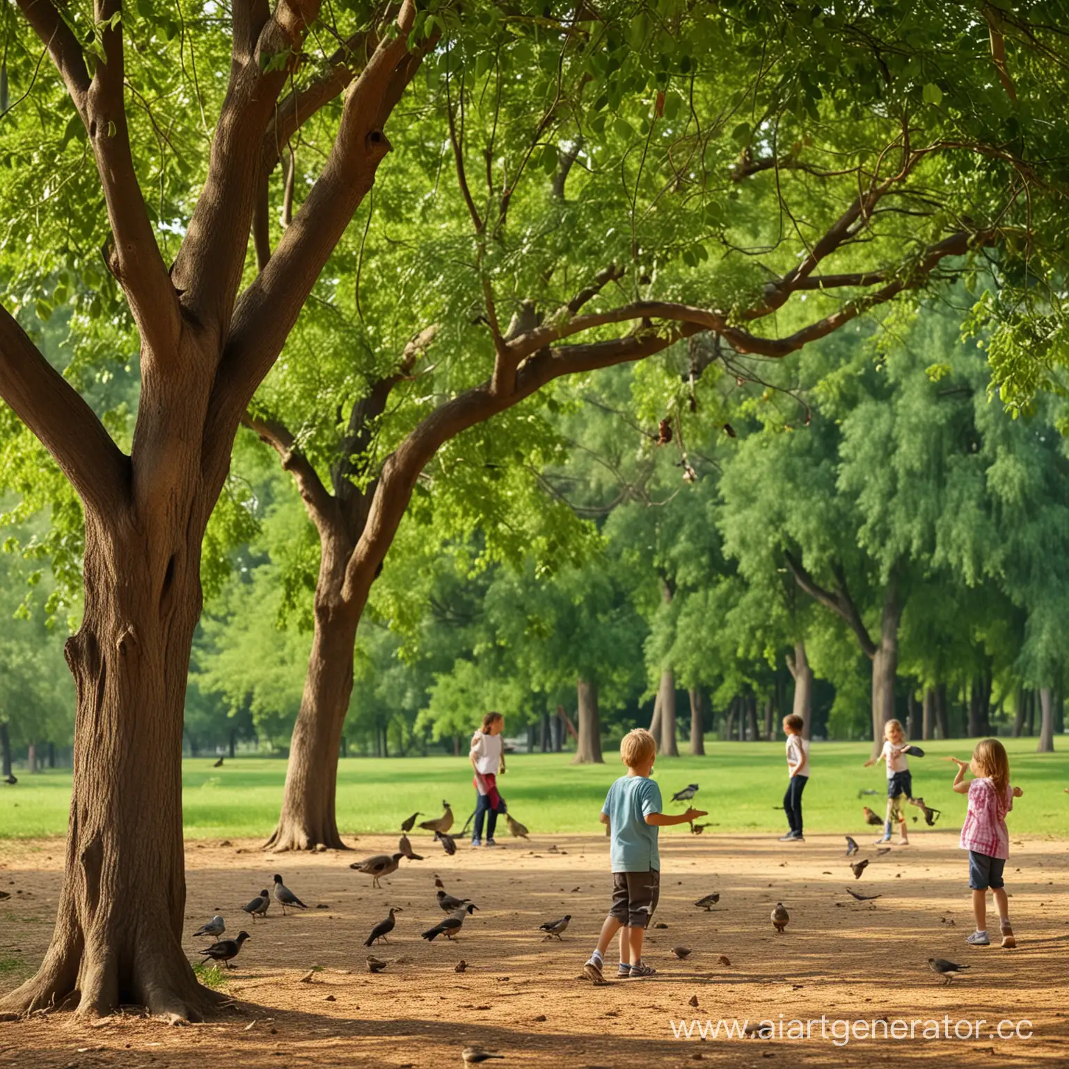 Joyful-Children-Playing-with-Birds-in-a-Lush-Green-Park