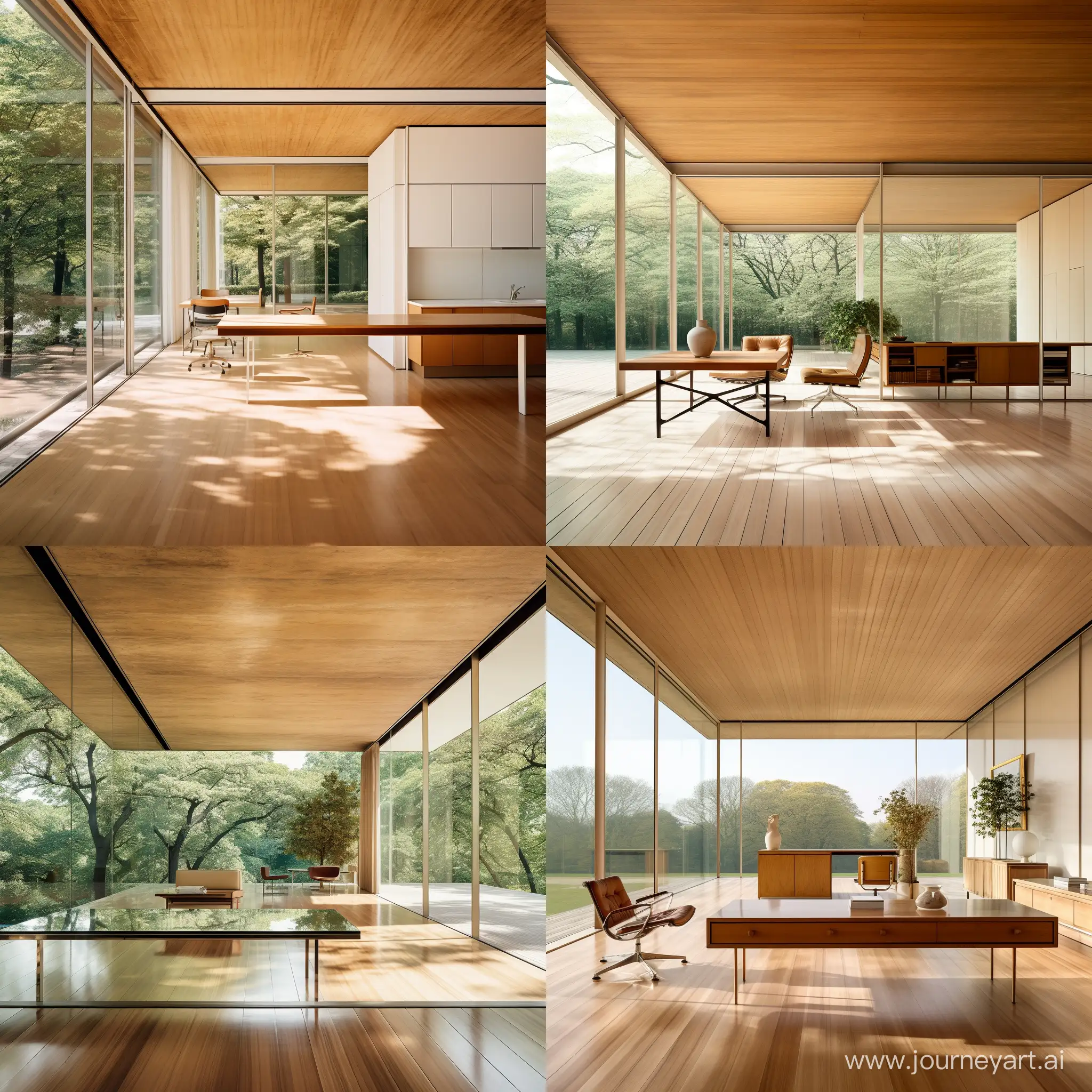 Contemporary-Minimalist-Interior-Design-Mies-van-der-Rohe-Inspired-Open-Space-with-Glossy-Timber-Flooring