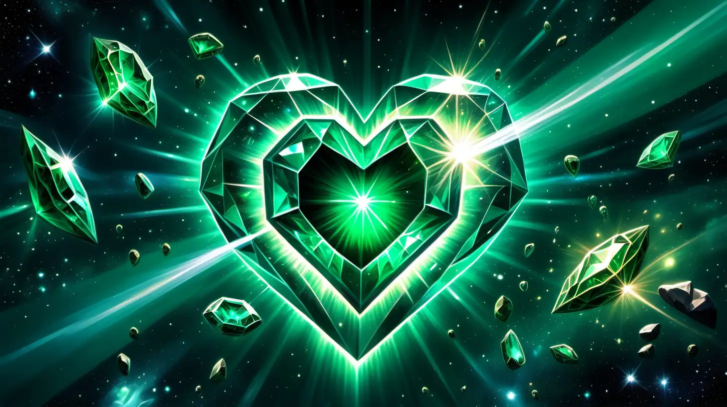 multifaceted emerald, in deep, outer space, UFOs, heart, bright light in the center
