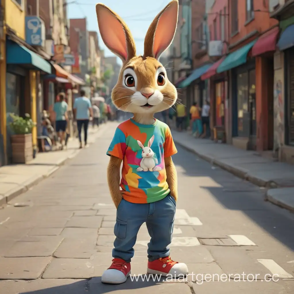 мультяшный ручной кролик дизайнер в цветной футболке худой стоит на улице 