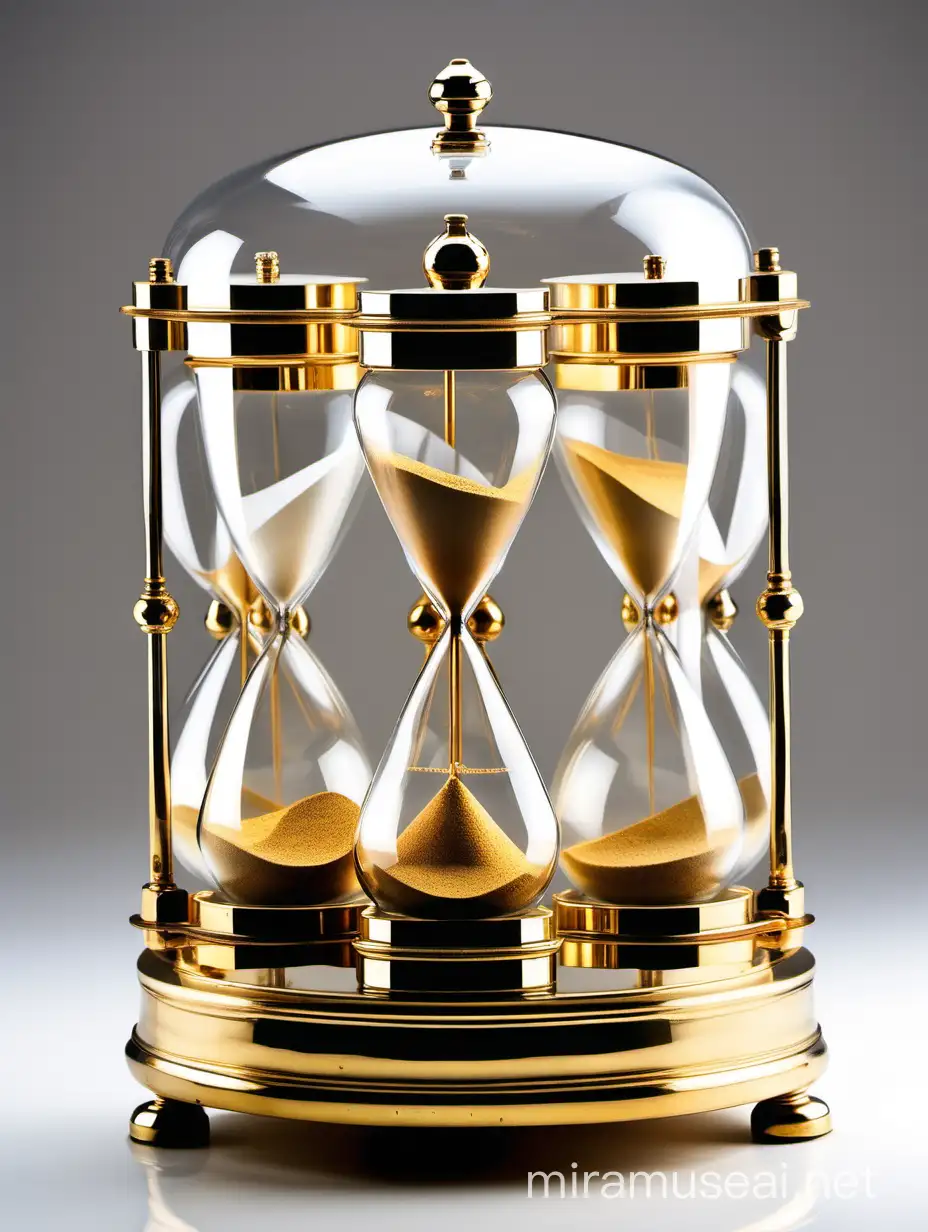 Antique timemachine made from six hourglasses. Banks are situated from up to down. golden sand inside. Clear white backround.