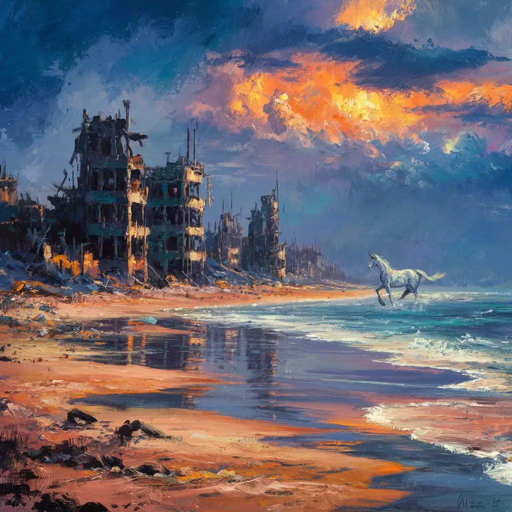 impressionist interpretation of a post apocalyptic beach town landscape with bold colors and distinct brushstrokes, vibrant, textured, atmospheric, the silhouette of a white horse