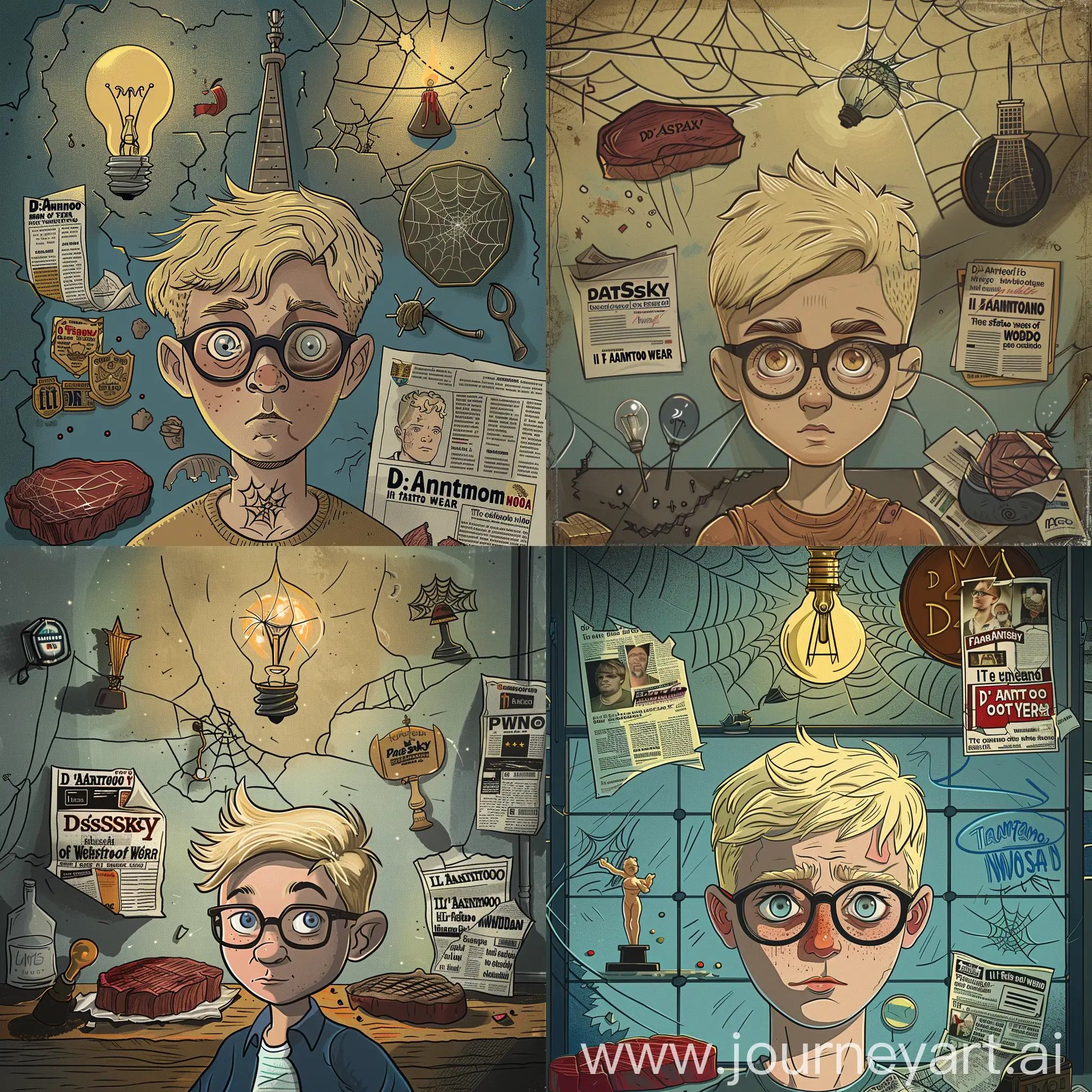 Satirical-Caricature-of-Italy-Blond-Young-Man-with-Glasses-Surrounded-by-Symbols-of-Media-and-Controversy