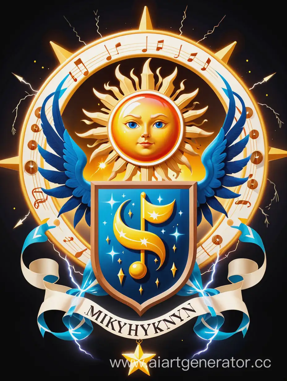 герб семьи Михайленко, солнце на фоне иконок нот и электрических молний