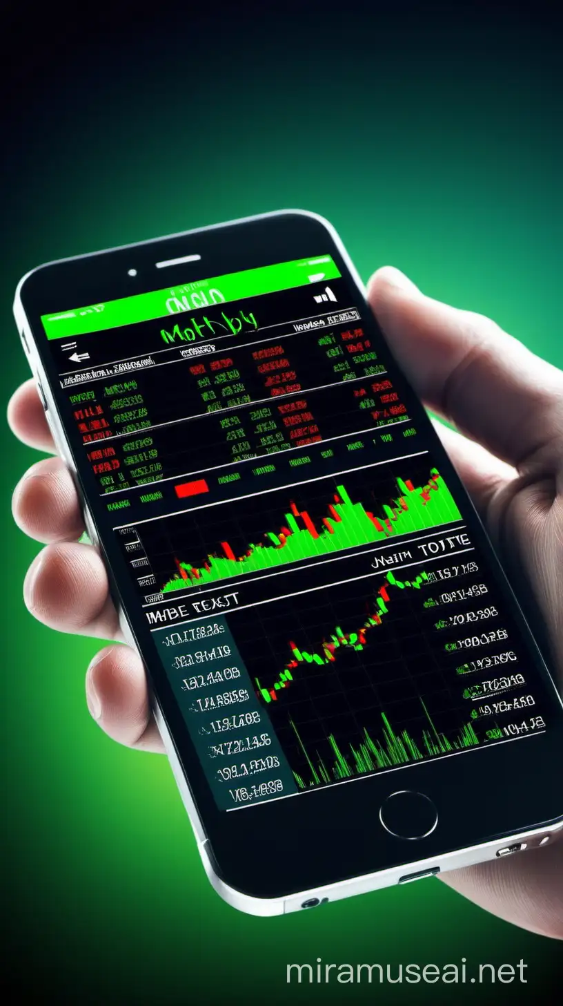 Mobile in hand. Stock Market trading interface on mobile, background is clean and lush green. 