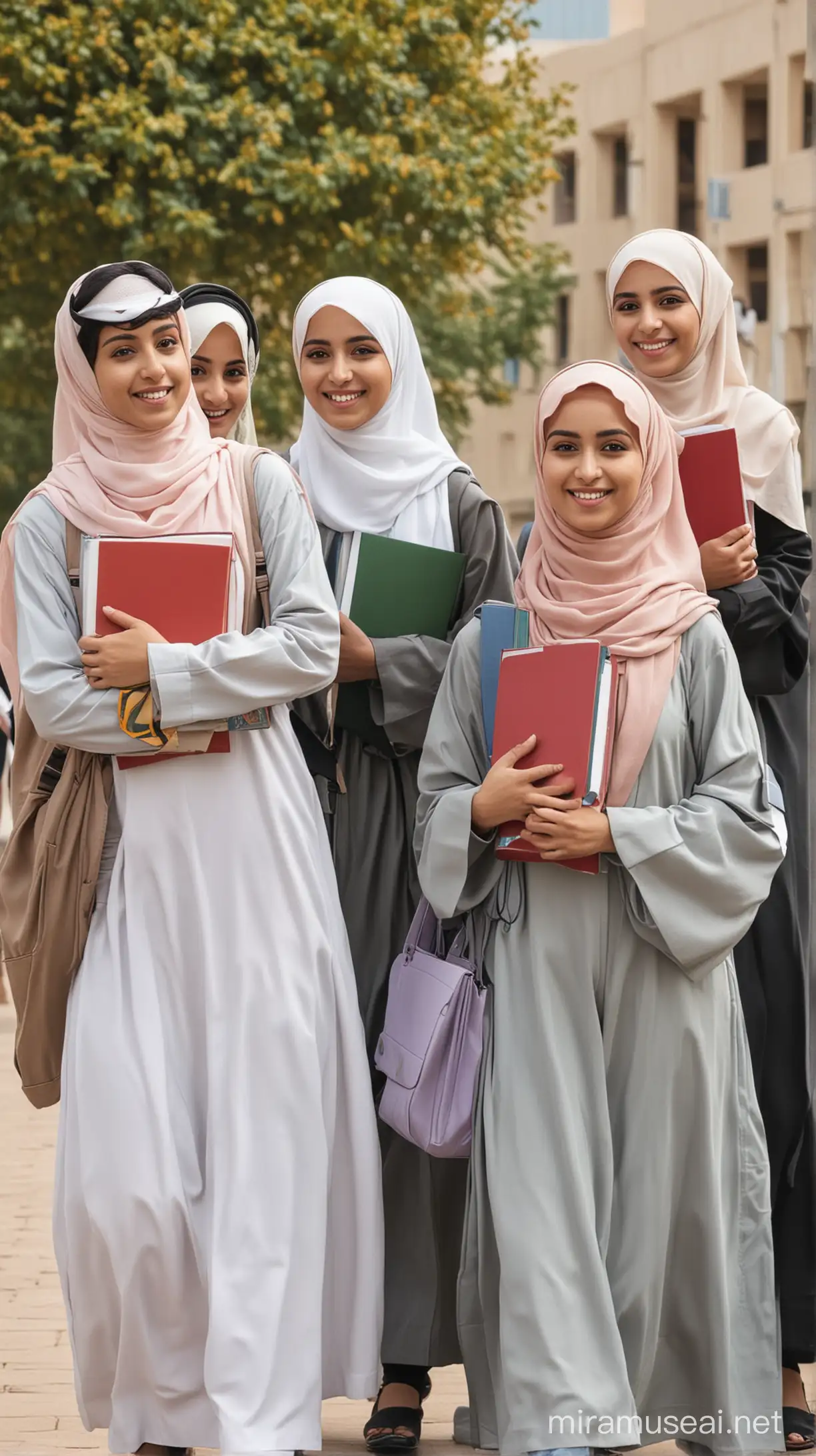 Muslim Students Carrying Books Together in Academic Pursuit