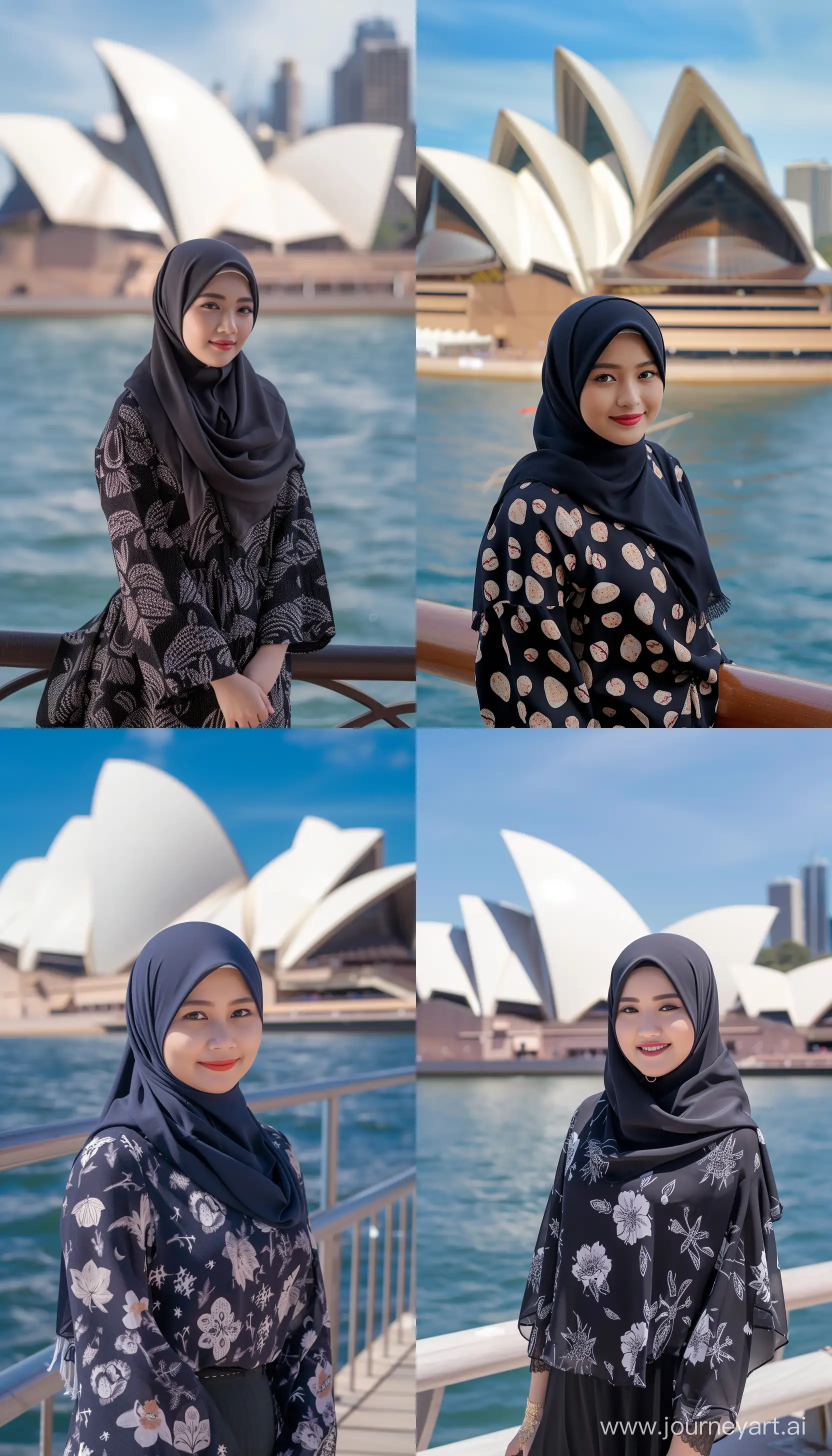 Stunning beautiful 20 years old  young Indonesian lady wearing hijab standing against Sidney Opera House , Opera House Sidney Australia background, high quality photography, full shot --ar 4:7 --v 6