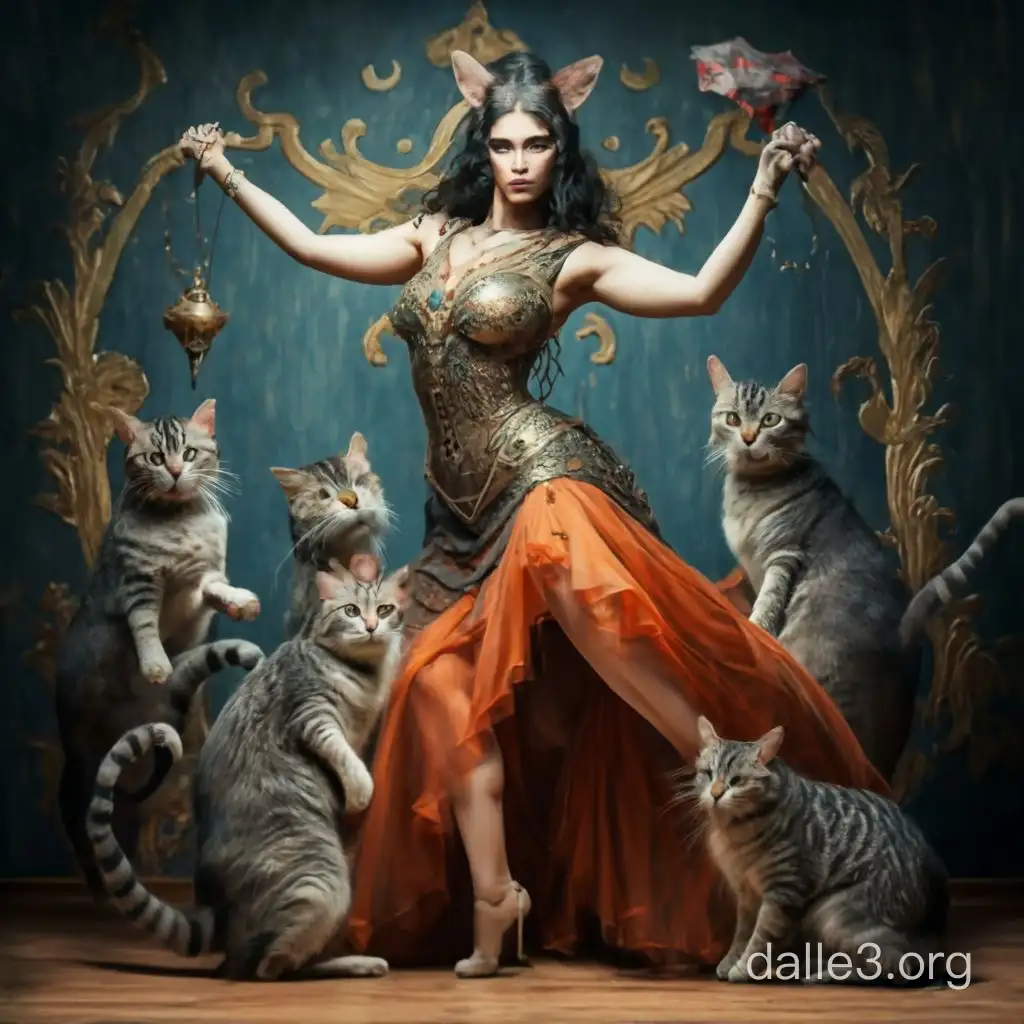 Женщина танцует с котами