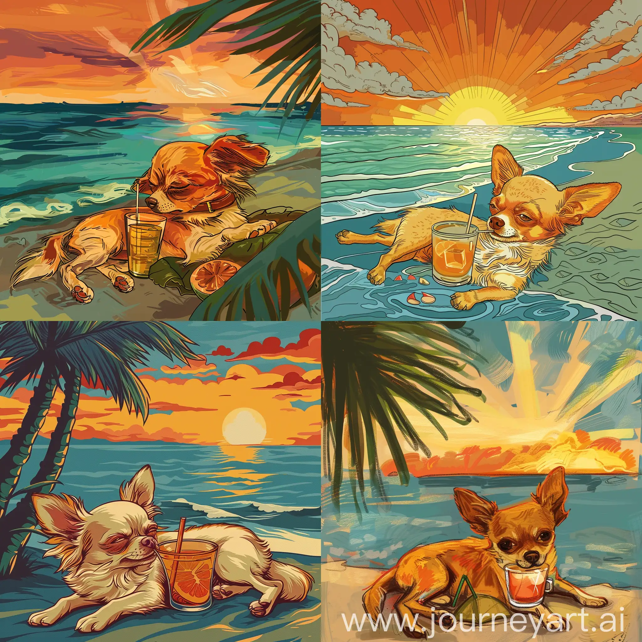 Нарисуй собаку чихуа хуа котрая отдыхает на лазурном пляже в лучах заката попивая коктель