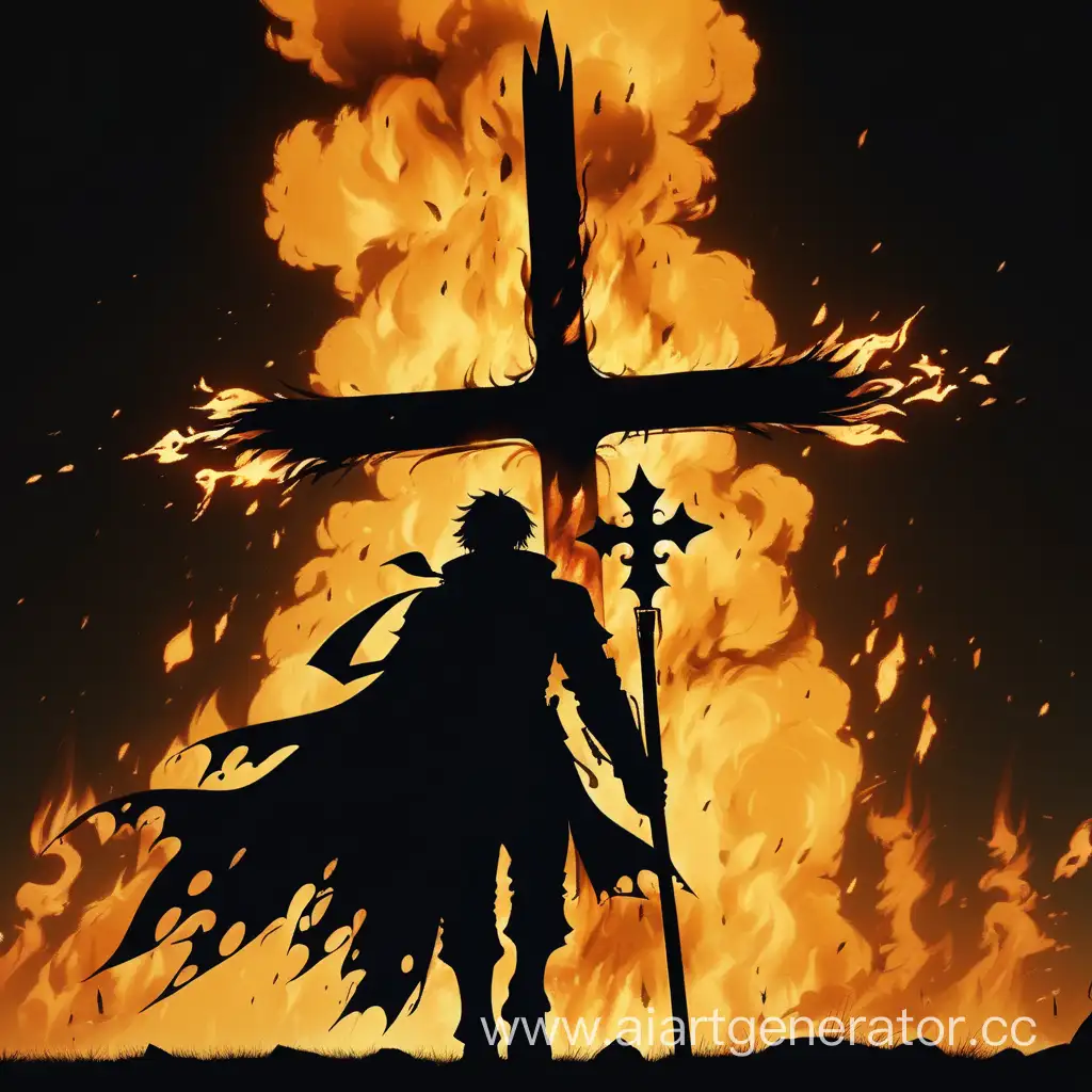 Герой в темном силуэте в ночи идет из дали весь в огне и несет большой крест на плече в стиле аниме