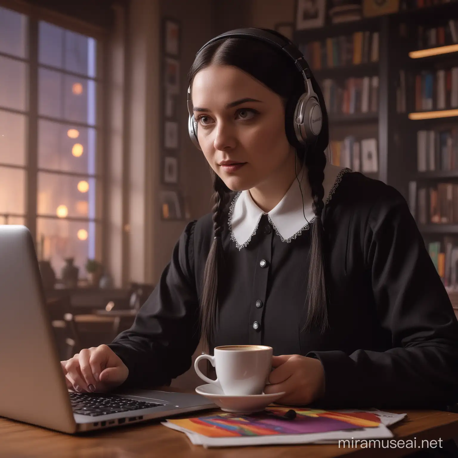 wednesday addams look with headphones. She is comfortably seated, wearing headphones and sipping from a steaming cup of coffee. A laptop is open in front of her, with several colorful tabs visible on the screen. The overall atmosphere is cozy and productive, with warm lighting and soft shadows creating a serene ambiance.