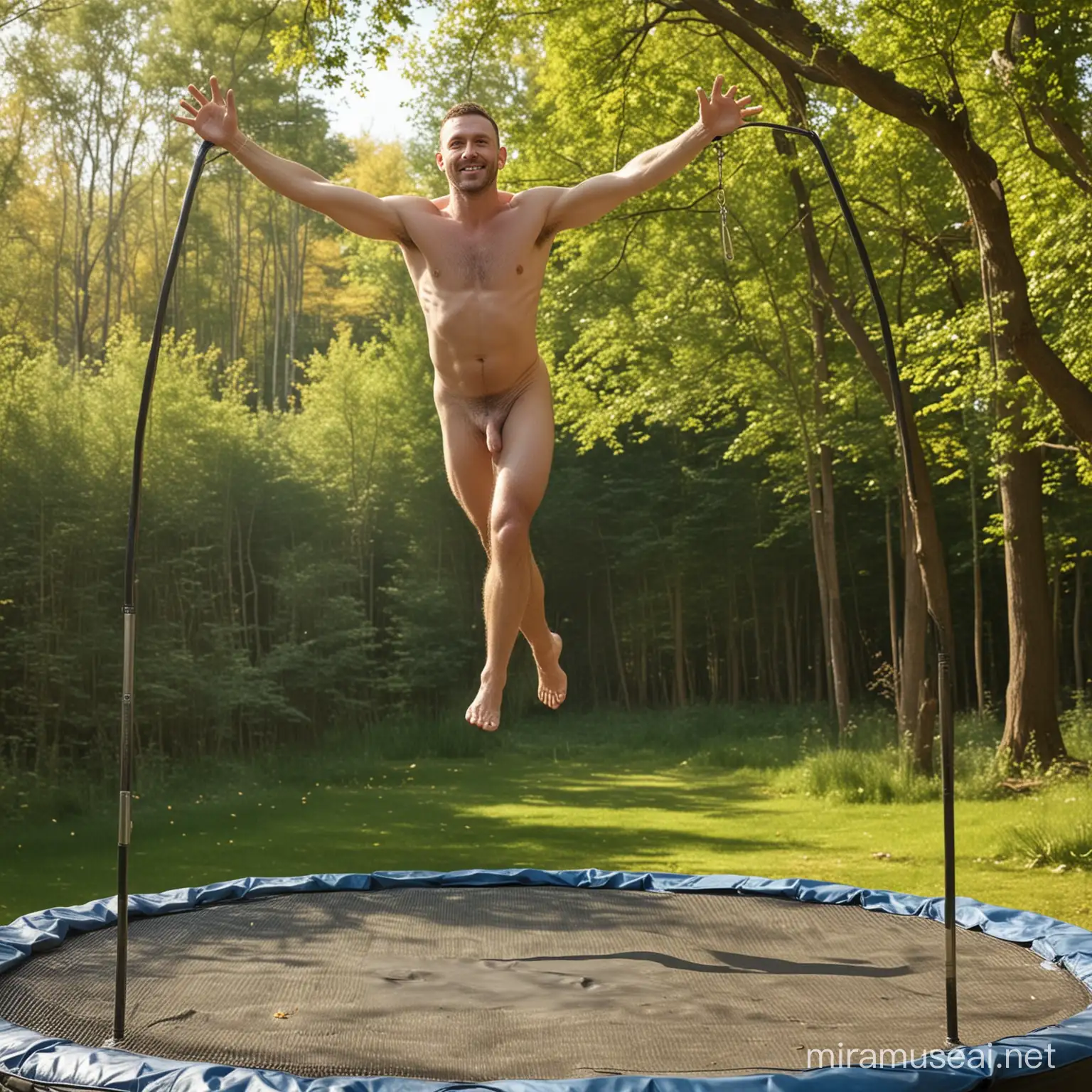 Man Enjoying Outdoor Fun on Trampoline in Natural Setting