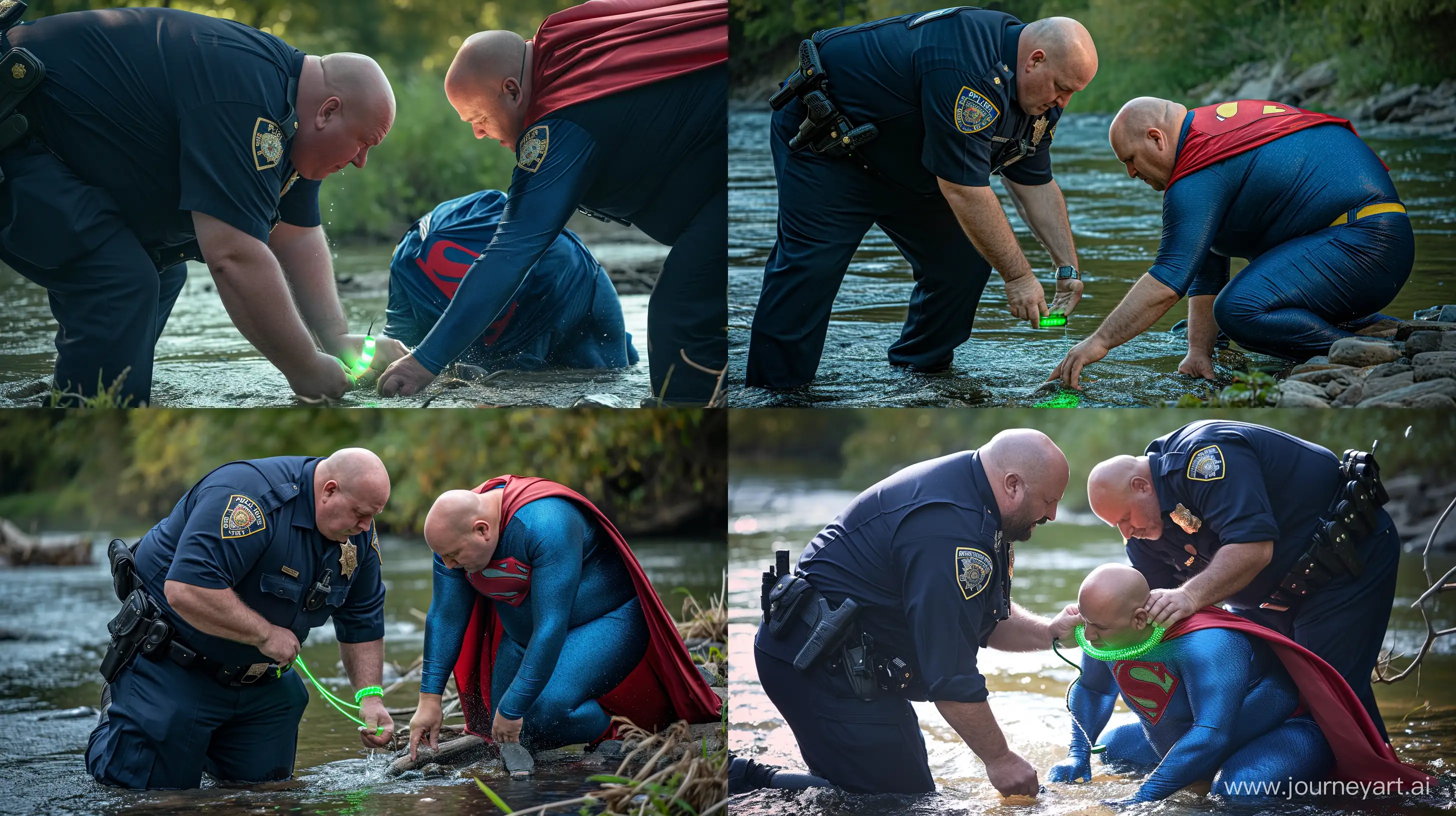 Close-up photo of two chubby man aged 60 wearing a navy police uniform, bending over and kneeling and tightening a green glowing small short dog collar on the neck of another chubby man aged 60 kneeling in the water and wearing a tight blue silky superman costume with a large red cape. River Outside. Natural light. Bald. Clean Shaven. --style raw --ar 16:9 --v 6