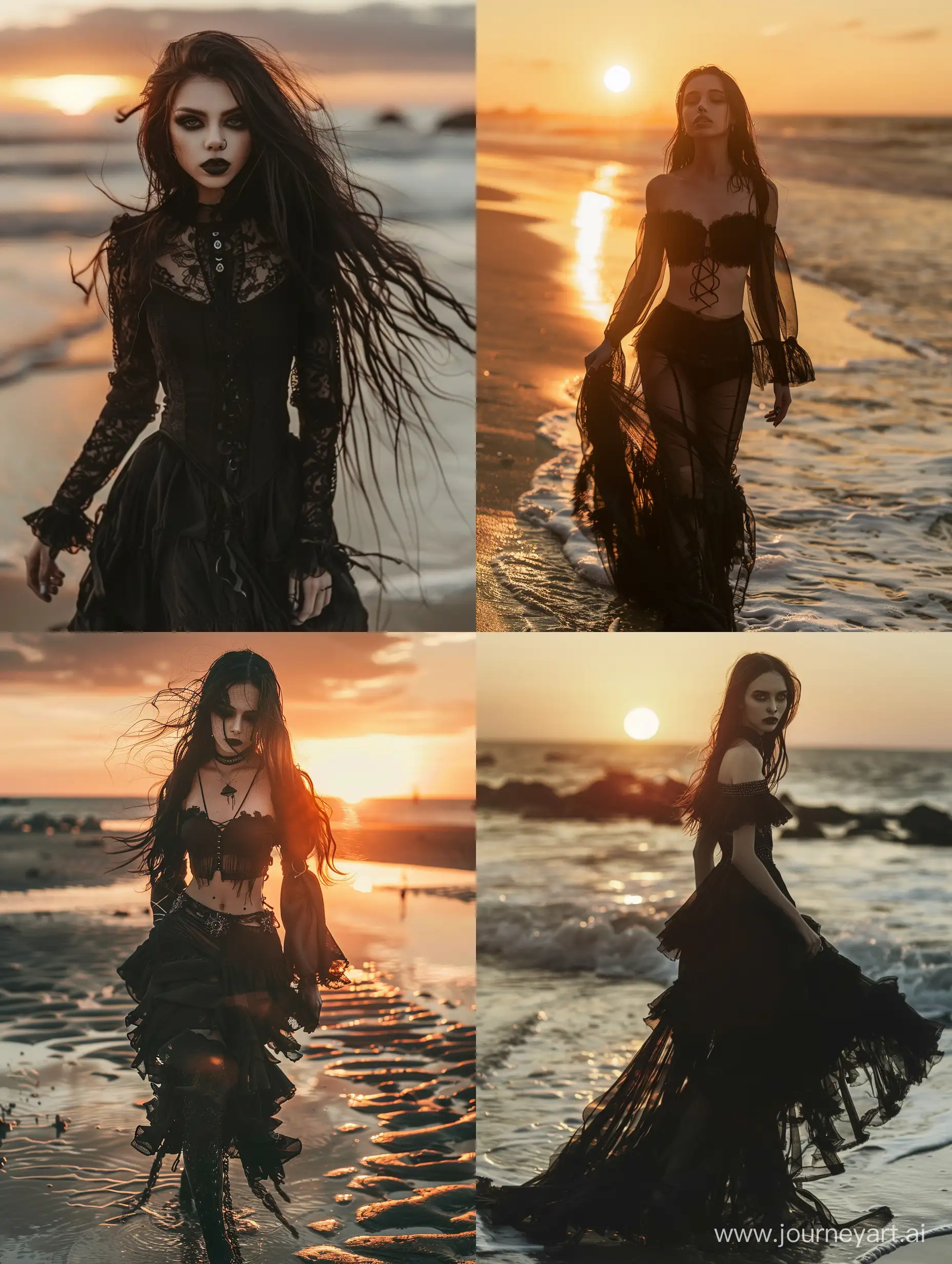 Photo of goth model walking in the beach at sunset  in the style of high contrast lighting, macabre romanticism, distinctive noses, realist detail, triumph, glamorous hollywood portraits, high quality photo --chaos 5 --ar 3:4 --stylize 100 --weird 0