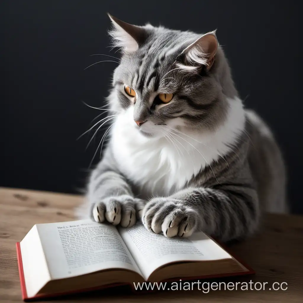 Кот читает книгу и держит ее лапами