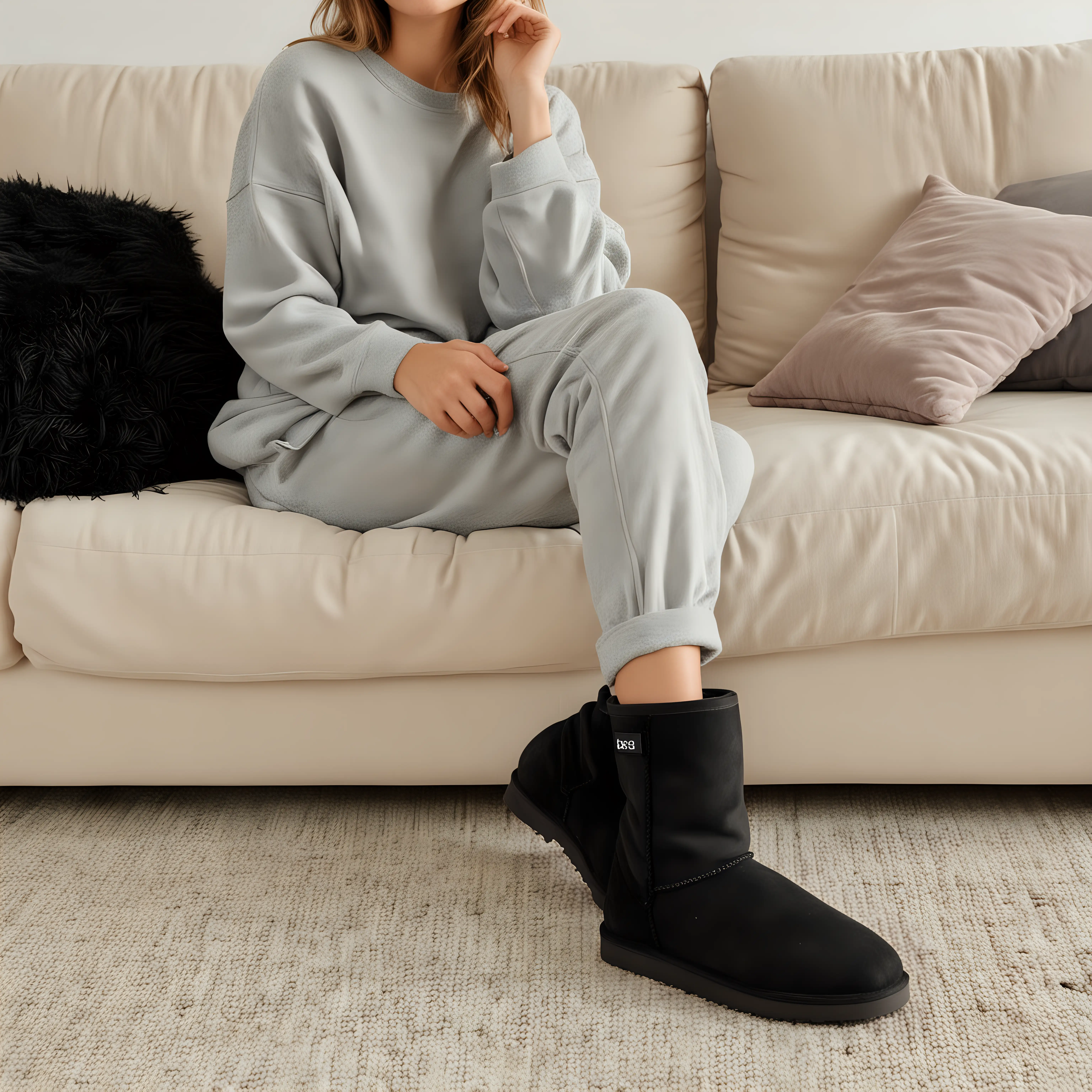 a person in pyjamas lounging on a sofa at home wearing Emu Australia plain black Ugg Boots