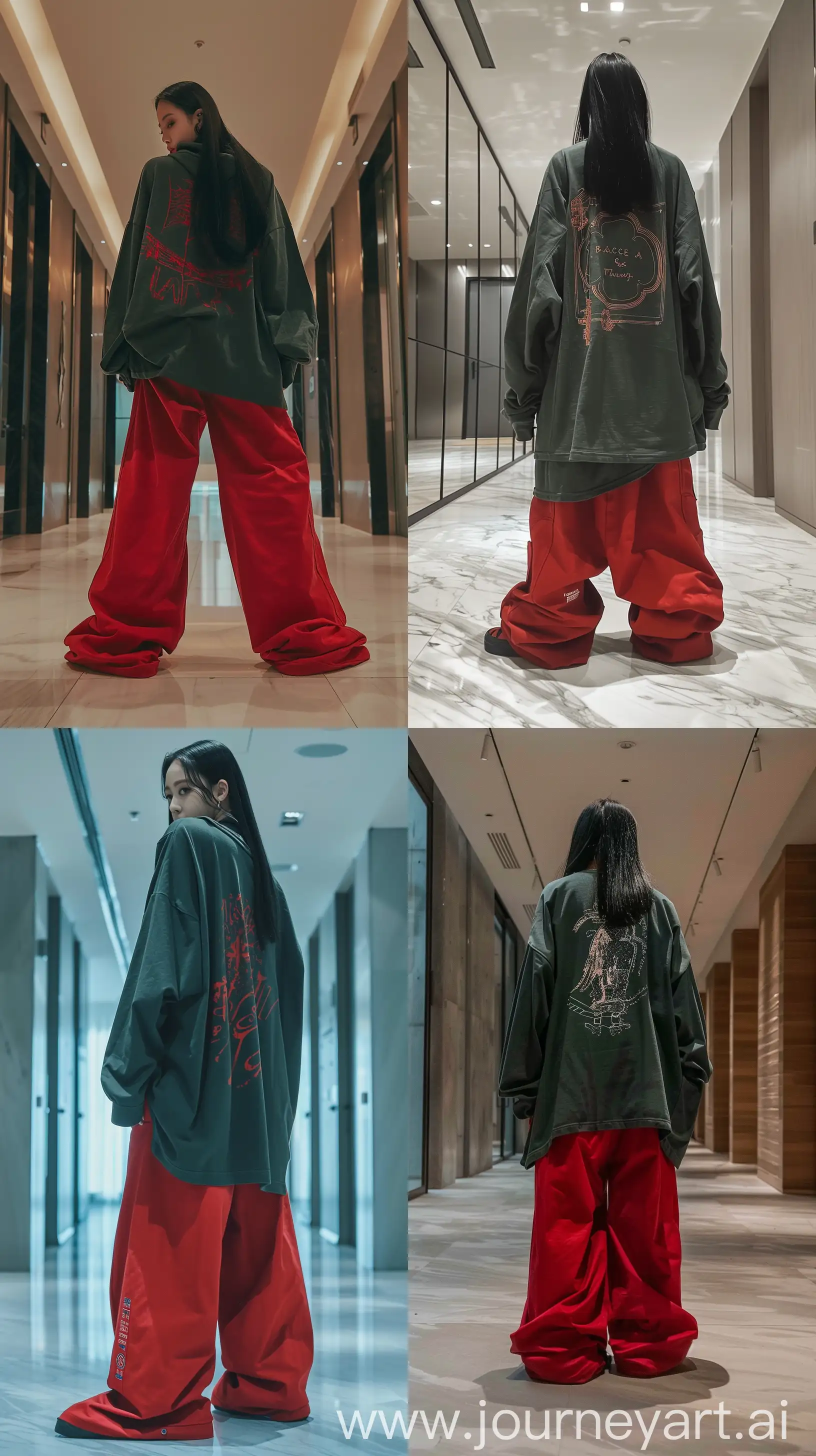 detailed aestethic selfie, blackpink's jennie, black, wearing dark green oversize crewneck with a design, red oversize pants, inside empty modern apartment hall, back body, hiding face --ar 9:16