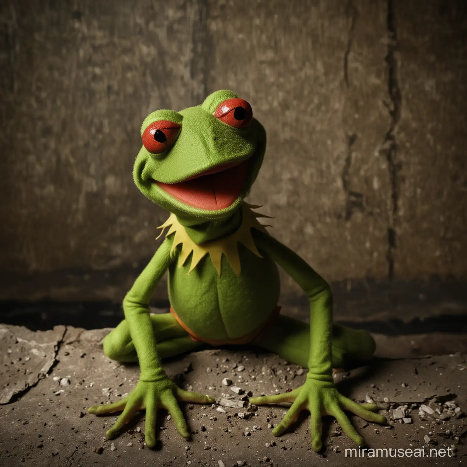 Kermit der Frosch auf Crack mit Joint, Dunkler Hintergrund Keller, Posierend, Rote Augen auf Droge, Böse schauend