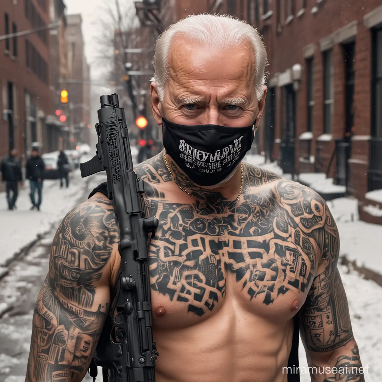 Biden Street Gang Member with Tattoo Holding Gun in Urban Setting