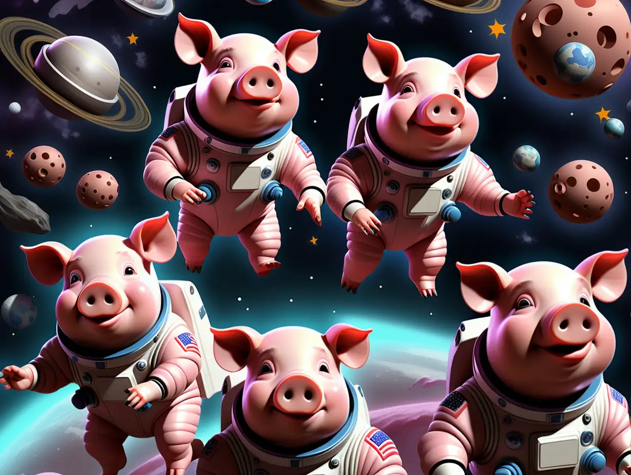  a whimsical scene where pigs don astronaut helmets and space suits, floating weightlessly among the stars. The pigs are equipped with adorable little rocket packs on their backs, propelling them through the cosmic expanse with gleeful expressions. In the background, you can see a galaxy of pig-shaped constellations, adding a touch of space-themed charm to the scene. The pigs are on a playful interstellar adventure, surrounded by planets shaped like pig snouts and bacon asteroids. It's a delightful and comical journey through the oink-tastic wonders of the cosmos!






 a whimsical scene where pigs don astronaut helmets and space suits, floating weightlessly among the stars. The pigs are equipped with adorable little rocket packs on their backs, propelling them through the cosmic expanse with gleeful expressions. In the background, you can see a galaxy of pig-shaped constellations, adding a touch of space-themed charm to the scene. The pigs are on a playful interstellar adventure, surrounded by planets shaped like pig snouts and bacon asteroids. It's a delightful and comical journey through the oink-tastic wonders of the cosmos!






