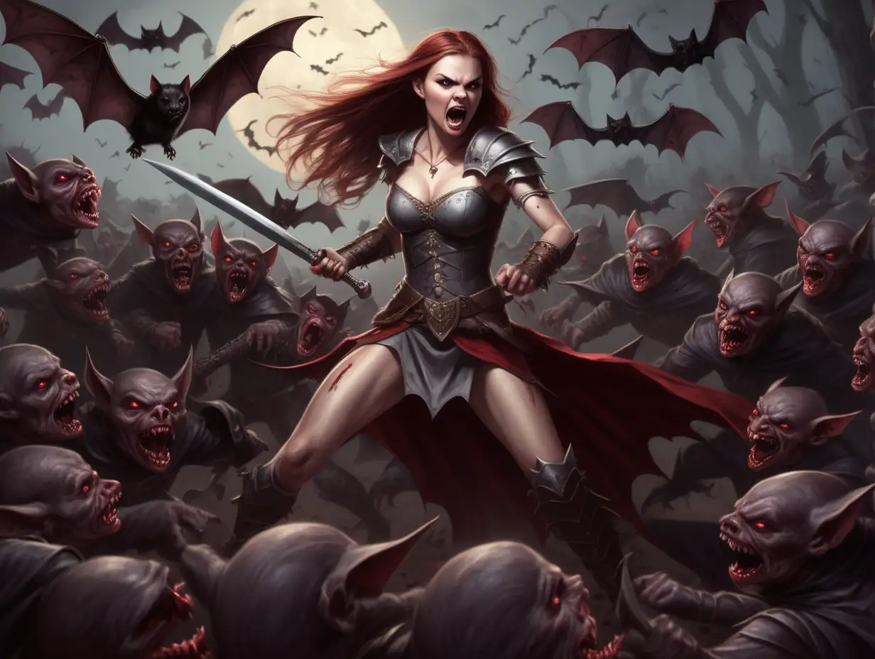 warrior princess fighting a horde of vampire bats