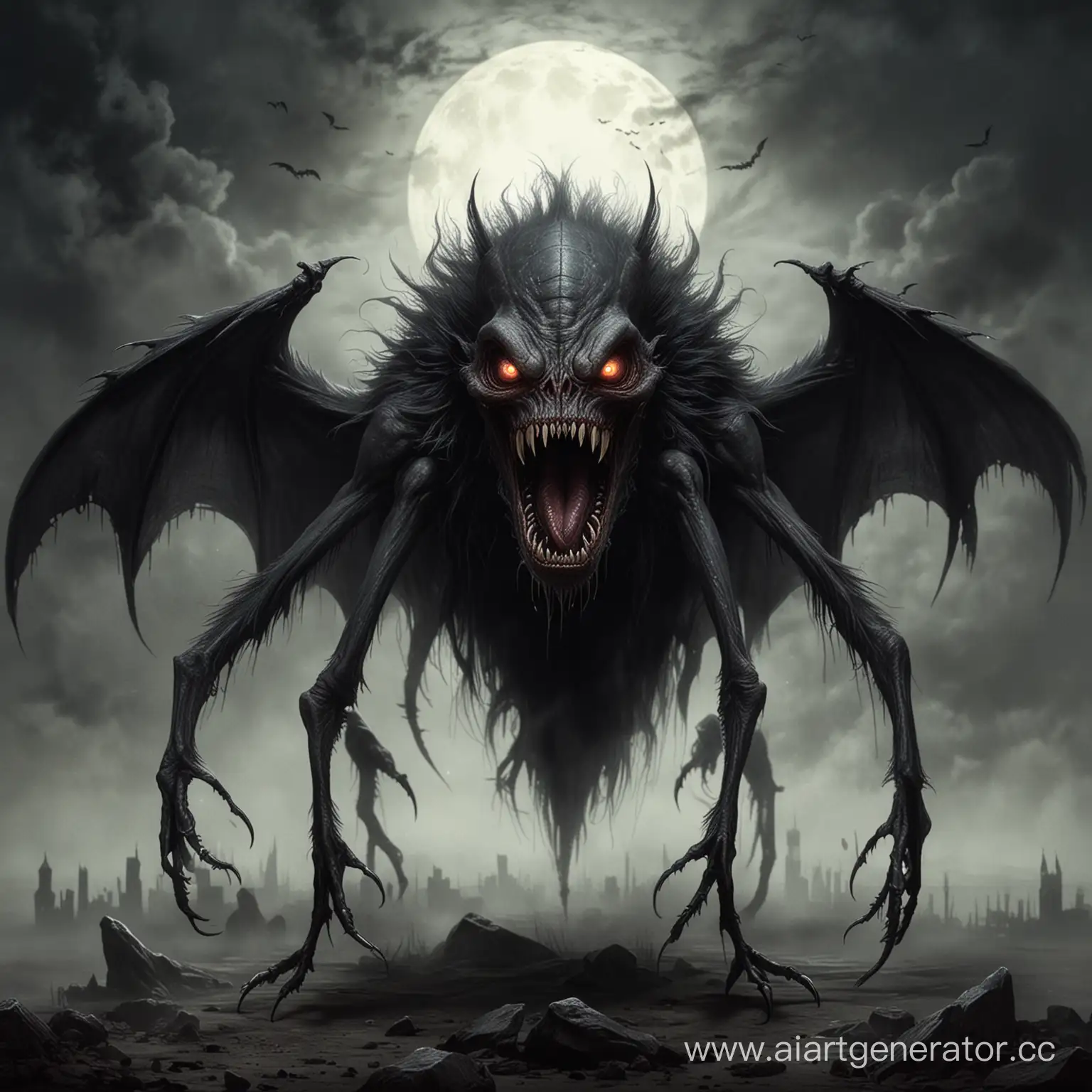 нарисуй монстра вампира из черной дымки, похож на блоху, много глаз и острых зубов, его ноги тонкие и длинные