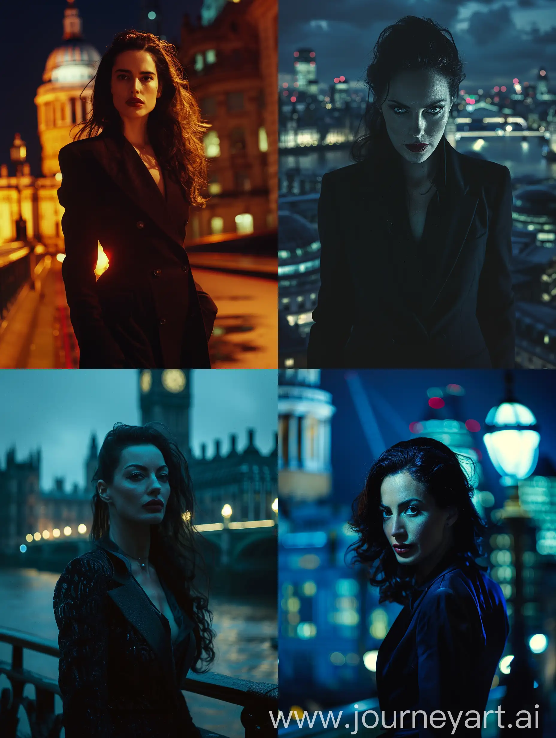 Cinematic, low key photo, vempire woman and night london background, intense confidence and determination, intimidating. She has financial attire. directed by Ridley Scott, shot with Arriflex 35BL Camera. Canon K35 Prime Lenses, 70 mm -- style raw