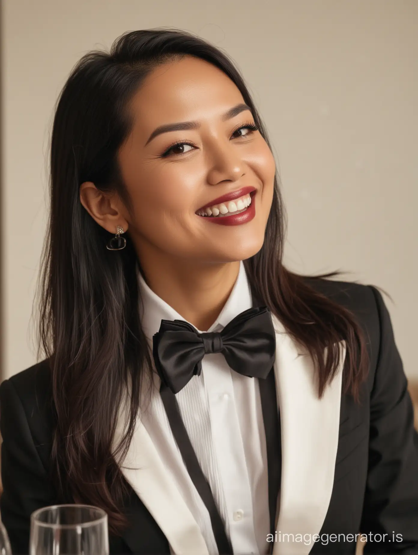 40 year old smiling and laughing malaysian woman with long hair and lipstick wearing a tuxedo with a black bow tie. She is at a dinner table.