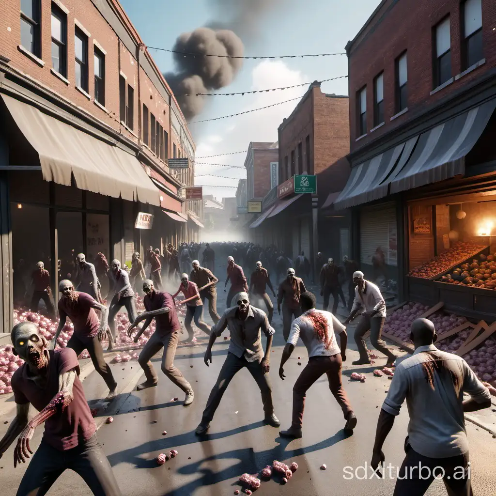 Draw a realistic picture of zombies attacking and looting shops and causing destruction