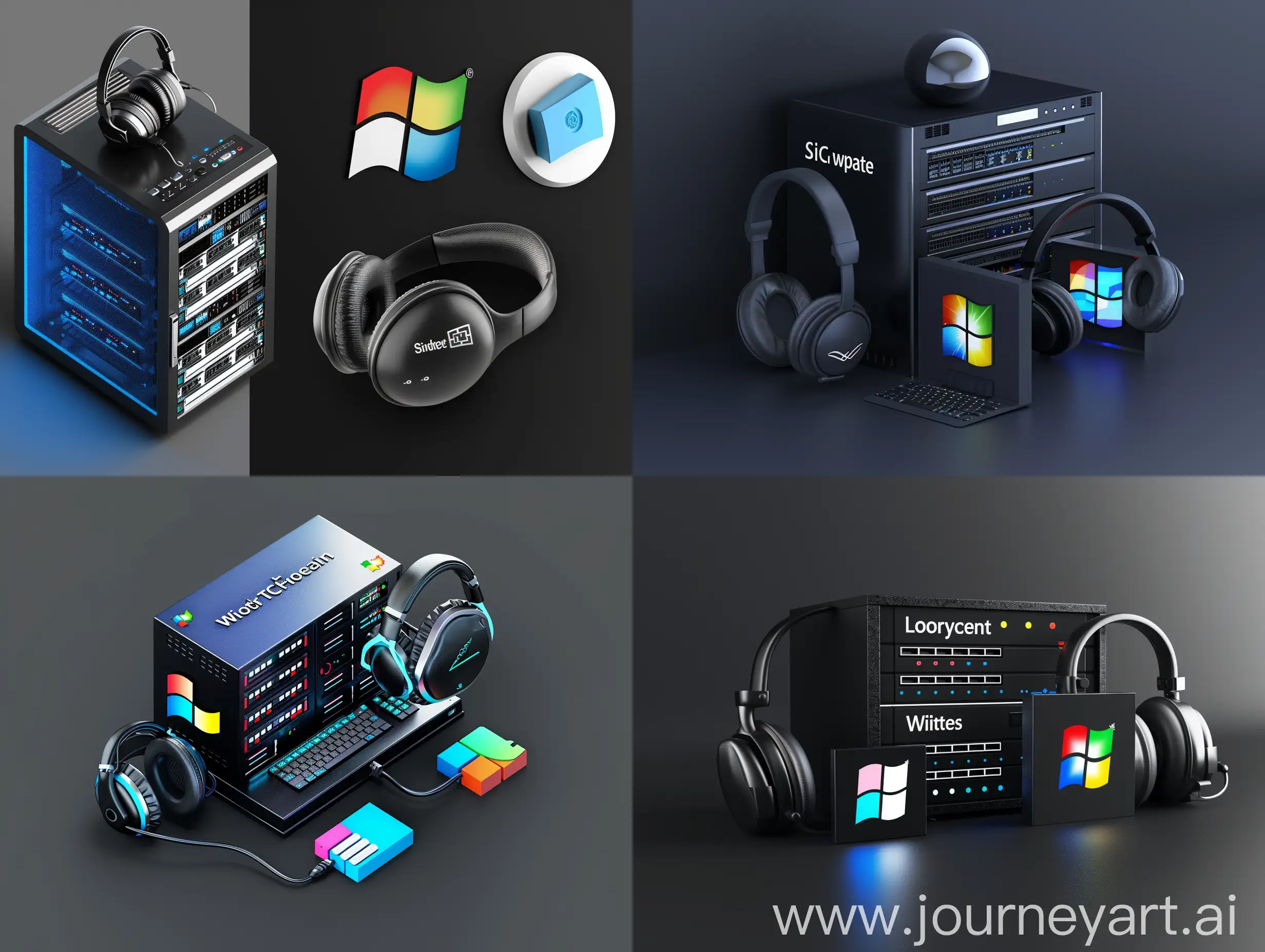IT-Support-Workspace-with-Server-Headset-and-OS-Logos-on-Black-Background