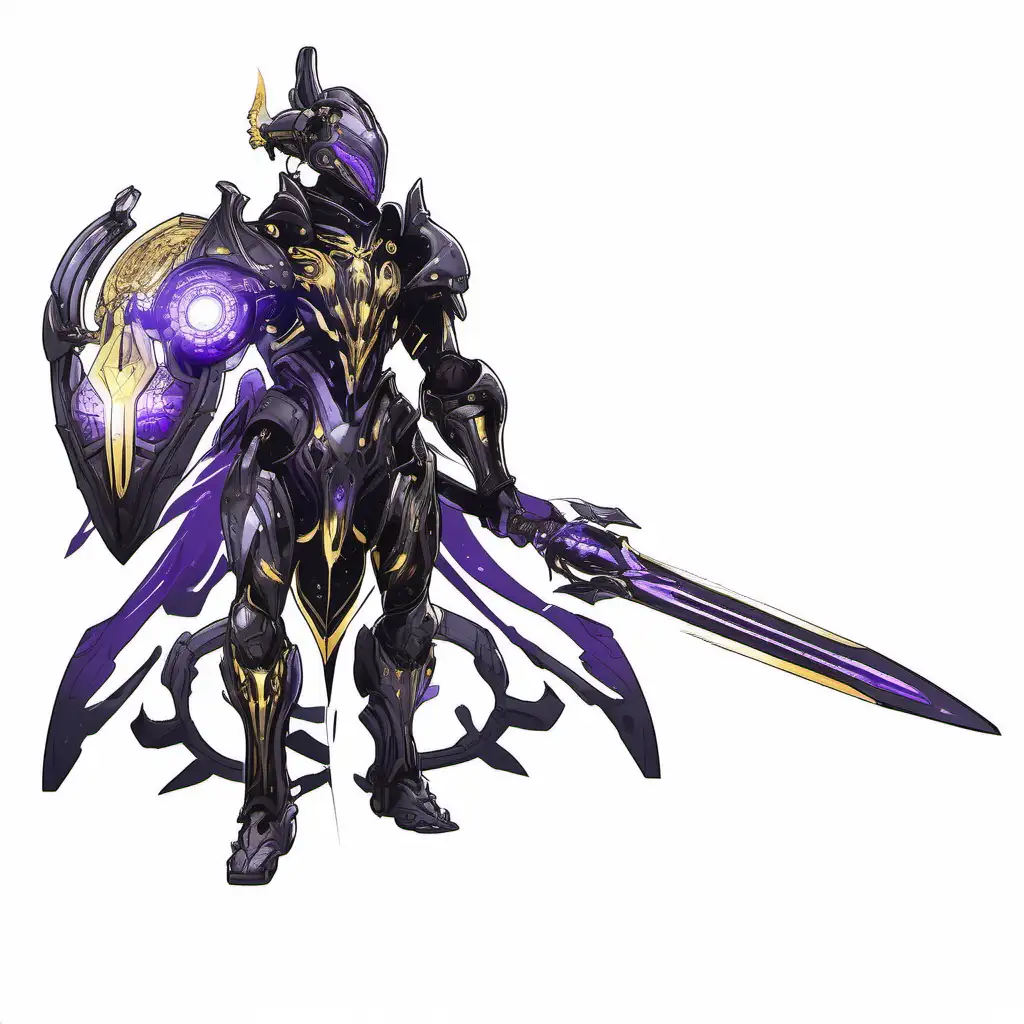 With golden mechanical angel style floating halo shape above his head black gold and yellow armor, with purple sapphire glowing jewels with a knight in shining armor with a biomechanical living borg warframe style amor and a living sword and a living shield mutated shield on his right arm in the style of a character concept art only black and white linework