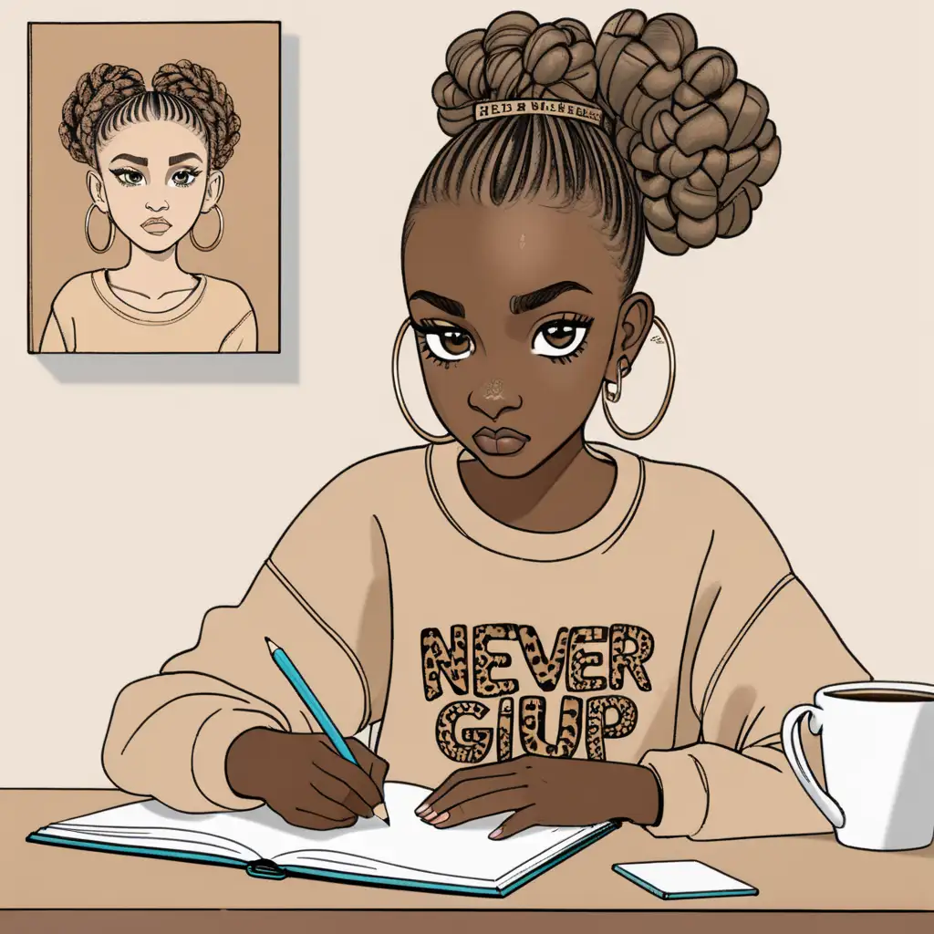  digital illustration of a young girl with dark skin and large, expressive eyes. She has her hair styled in an elaborate updo with braids, and she's wearing hoop earrings. The girl is dressed in a beige or tan sweatshirt that has the phrase "NEVER GIVE UP" printed on it. She appears to be focused on writing or drawing in a notebook. To her right, there's a coffee cup with a leopard print design, which matches the theme of two leopard portraits hanging on the wall behind her. The scene suggests a theme of determination and studiousness, enhanced by the presence of the leopards which often symbolize strength and grace.