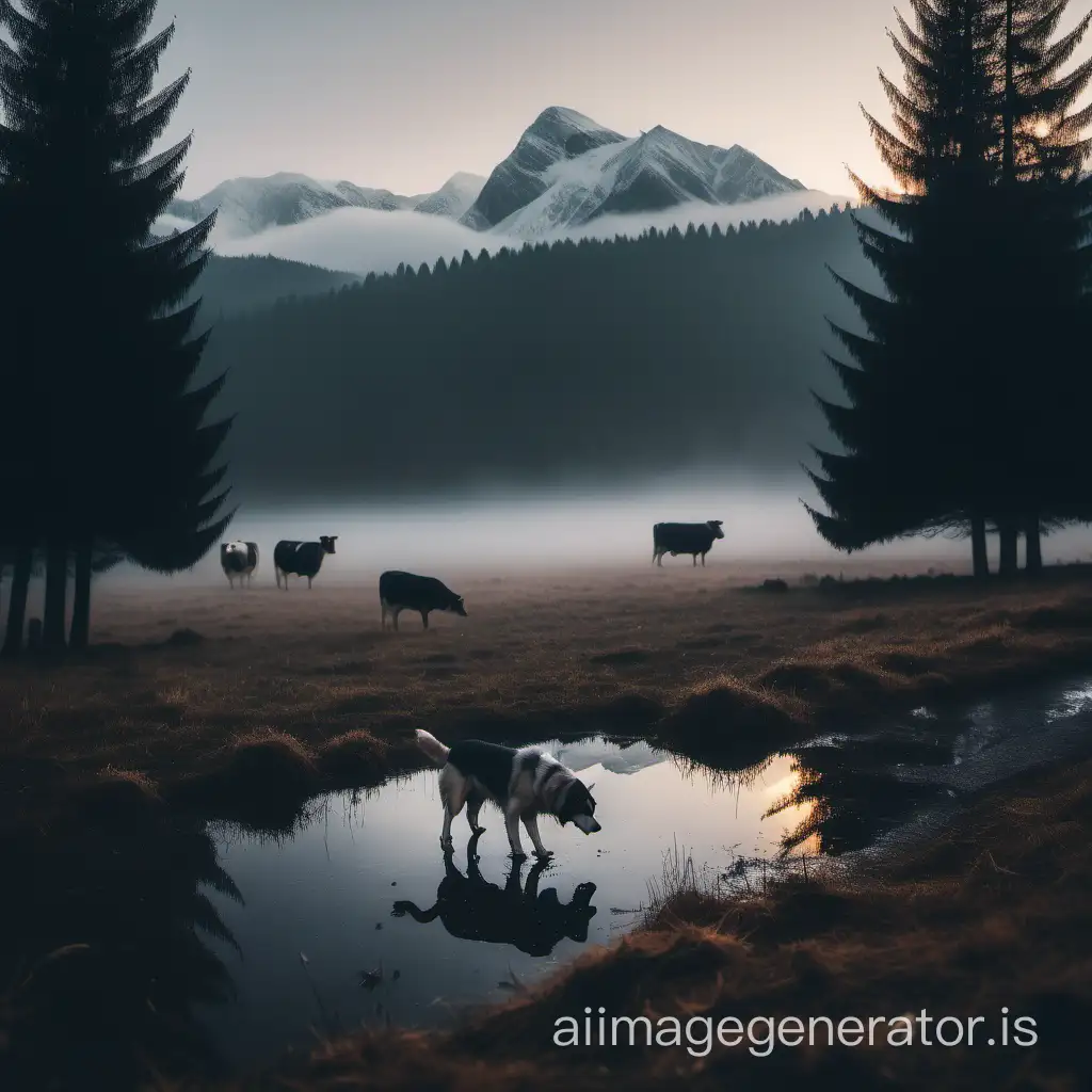 Serene-Autumn-Scene-SnowCapped-Mountains-Grazing-Cows-and-Shepherd-Dog